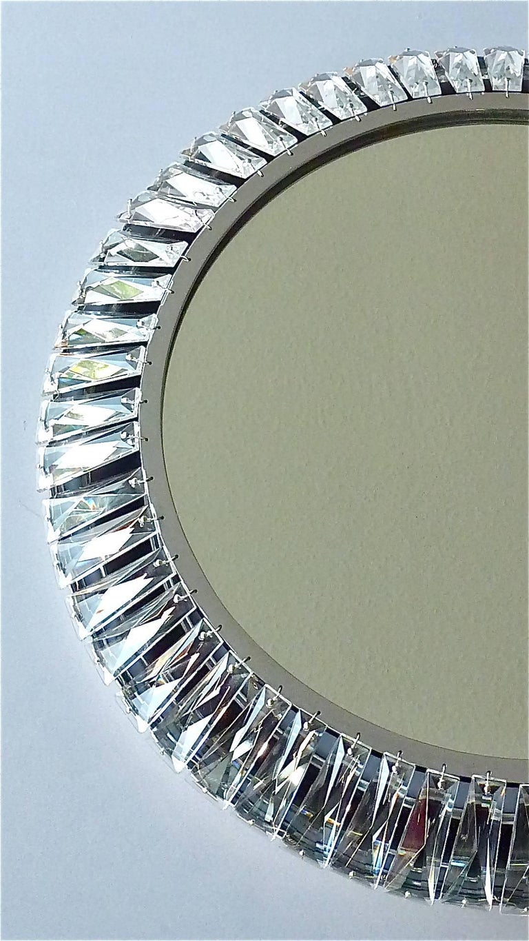 Precious Round Illuminated Palwa Wall Mirror Chrome Faceted Crystal