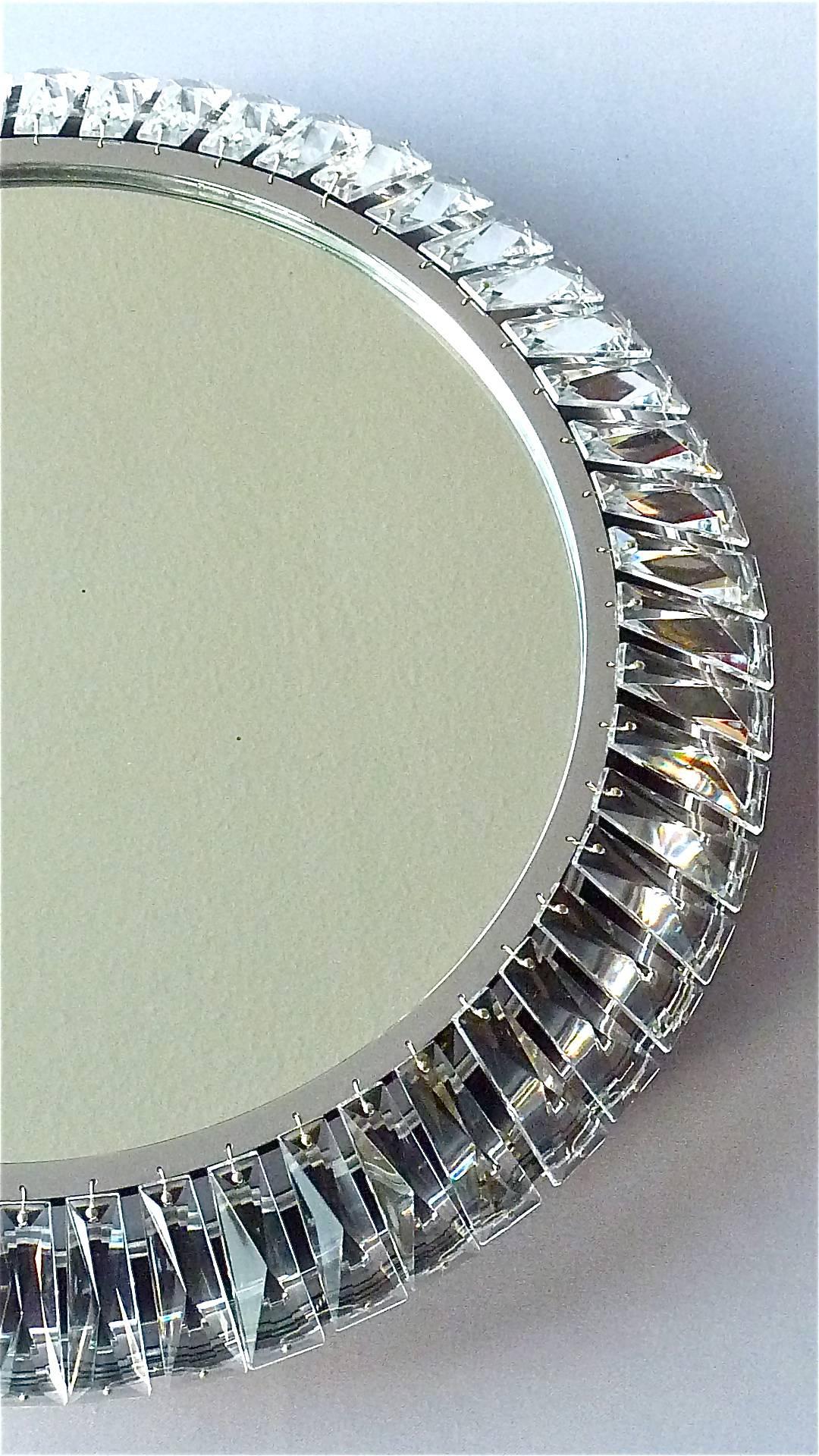 Mid-Century Modern Signed Illuminated Round Palwa Wall Mirror Chrome Faceted Crystal Glass 1960s For Sale