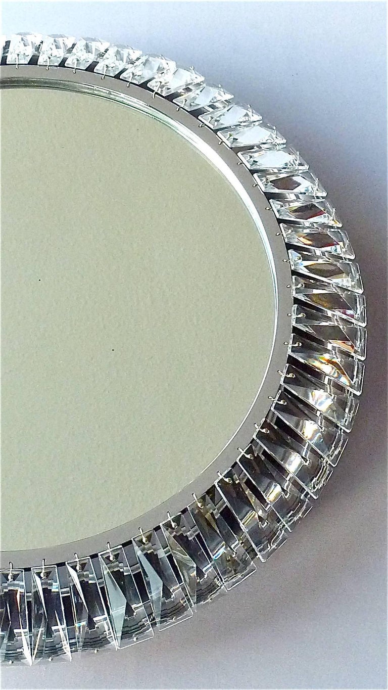 Precious Round Illuminated Palwa Wall Mirror Chrome Faceted Crystal