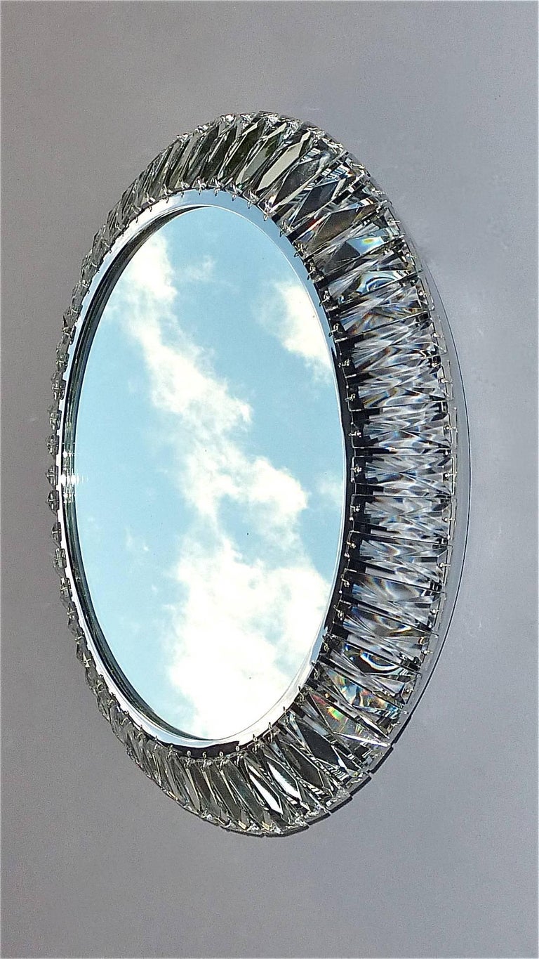 Precious Round Illuminated Palwa Wall Mirror Chrome Faceted Crystal