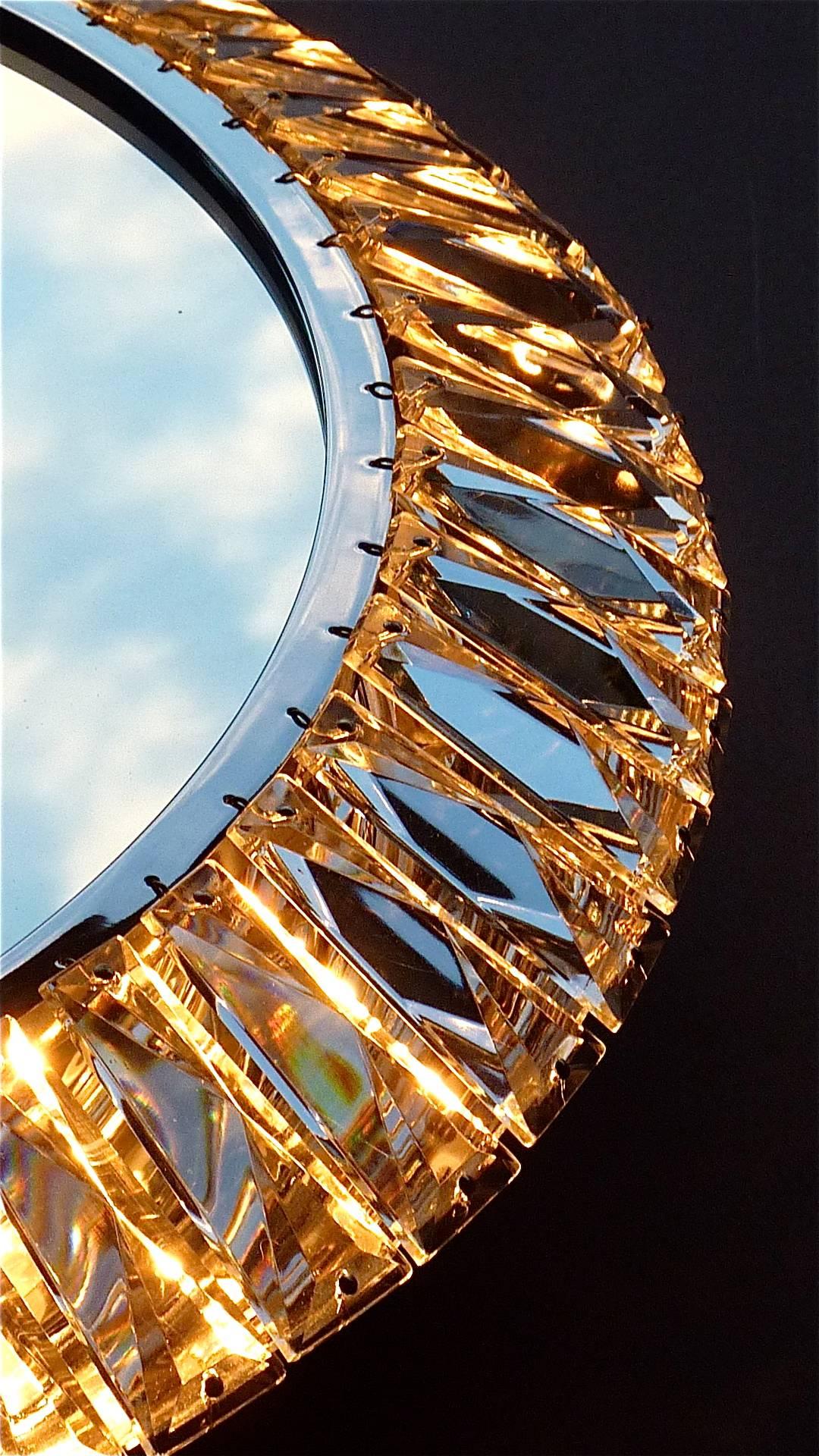 Brass Signed Illuminated Round Palwa Wall Mirror Chrome Faceted Crystal Glass 1960s For Sale