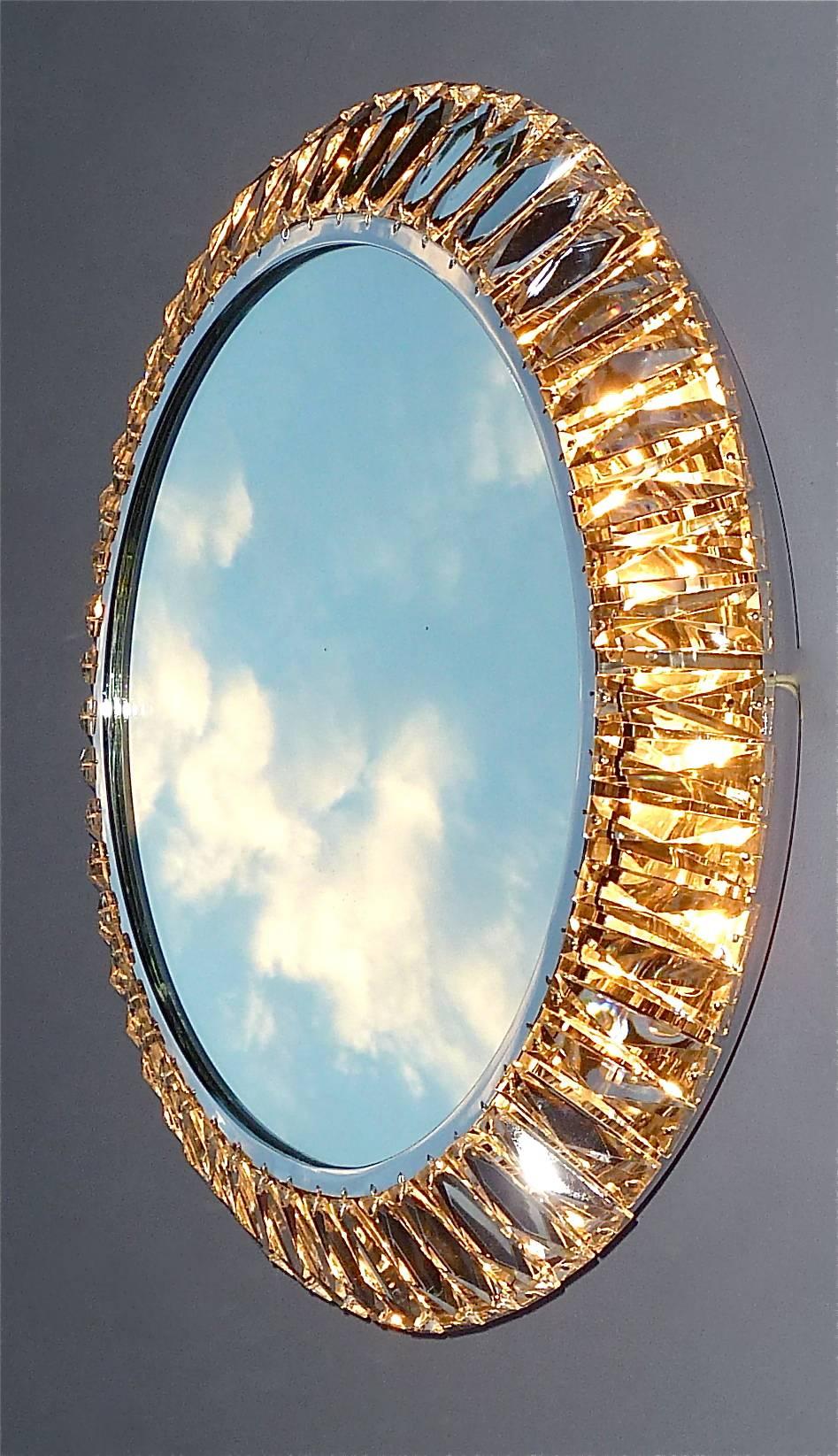 Signed Illuminated Round Palwa Wall Mirror Chrome Faceted Crystal Glass 1960s For Sale 1