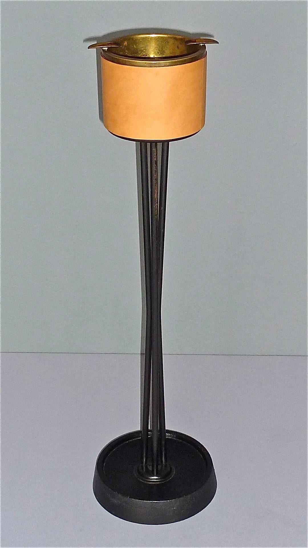Mid-Century Modern Midcentury Tripod Ashtray Stand Black Iron Leather Patinated Brass, Austria 1950