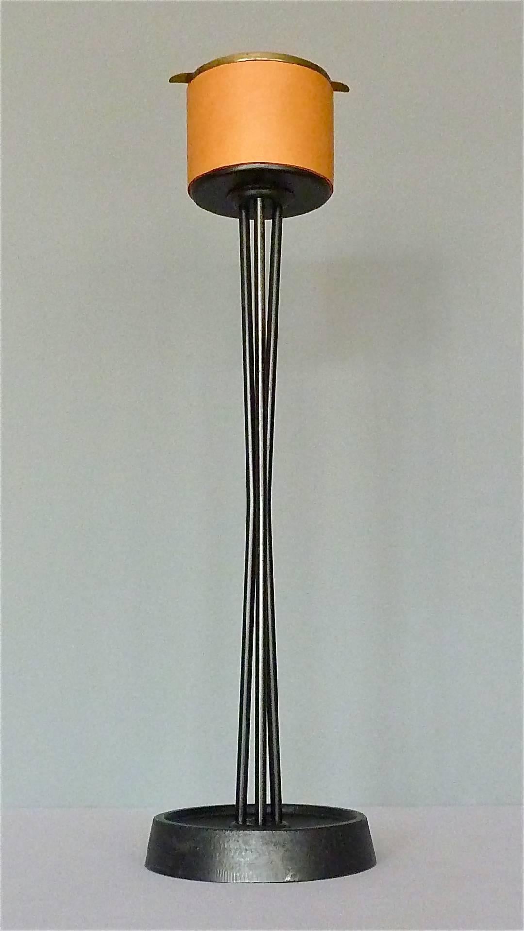 Midcentury Tripod Ashtray Stand Black Iron Leather Patinated Brass, Austria 1950 4