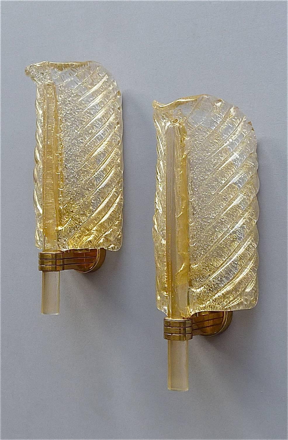 Pair Italian Barovier & Toso Leaf Sconces Wall Lamps Golden Murano Glass Brass In Good Condition In Nierstein am Rhein, DE