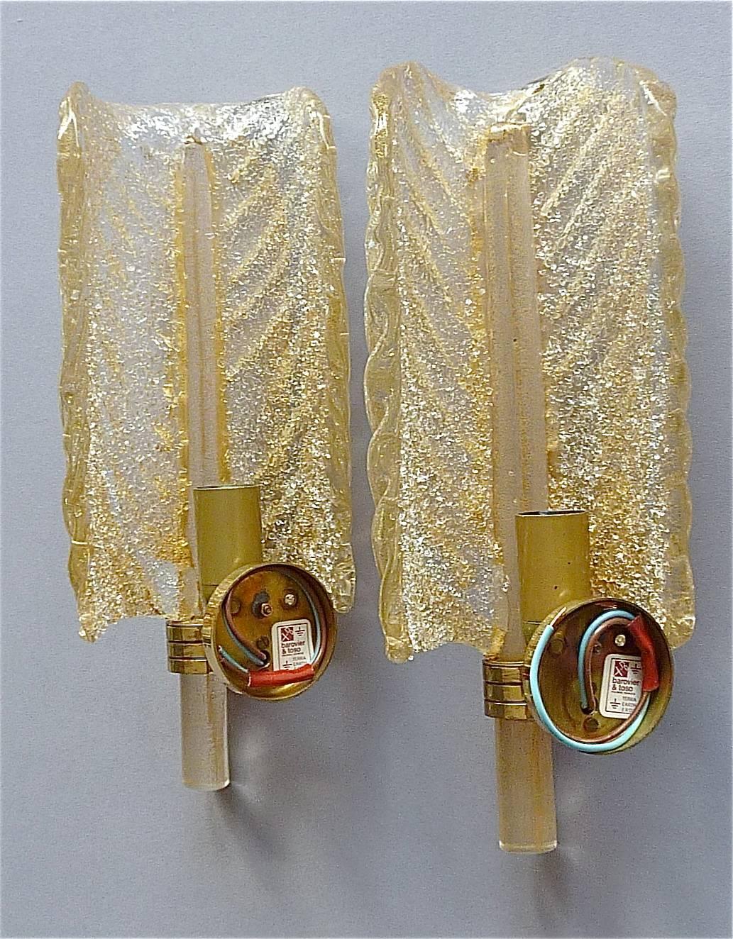 Art Glass Pair Italian Barovier & Toso Leaf Sconces Wall Lamps Golden Murano Glass Brass