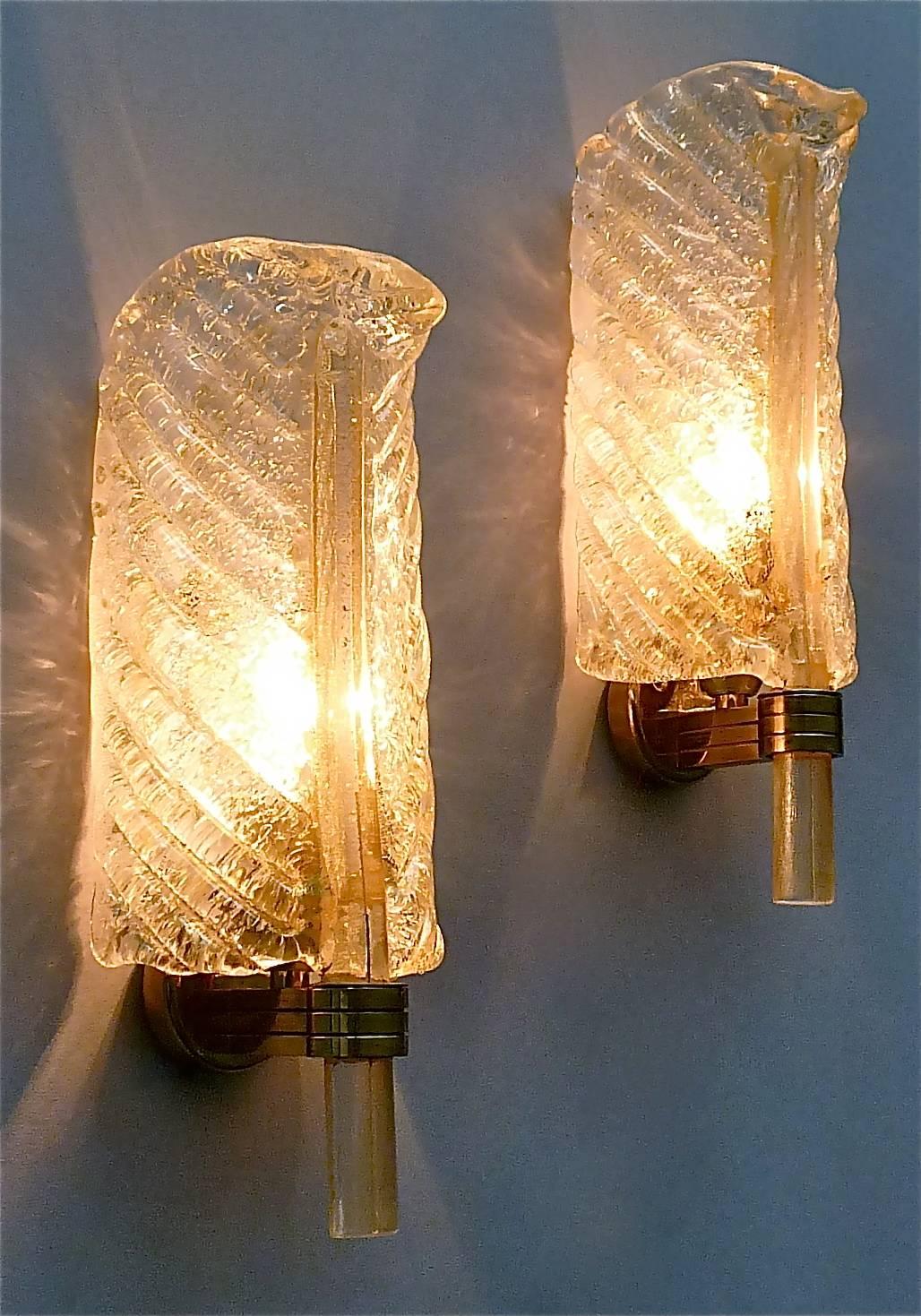 Pair Italian Barovier & Toso Leaf Sconces Wall Lamps Golden Murano Glass Brass 2