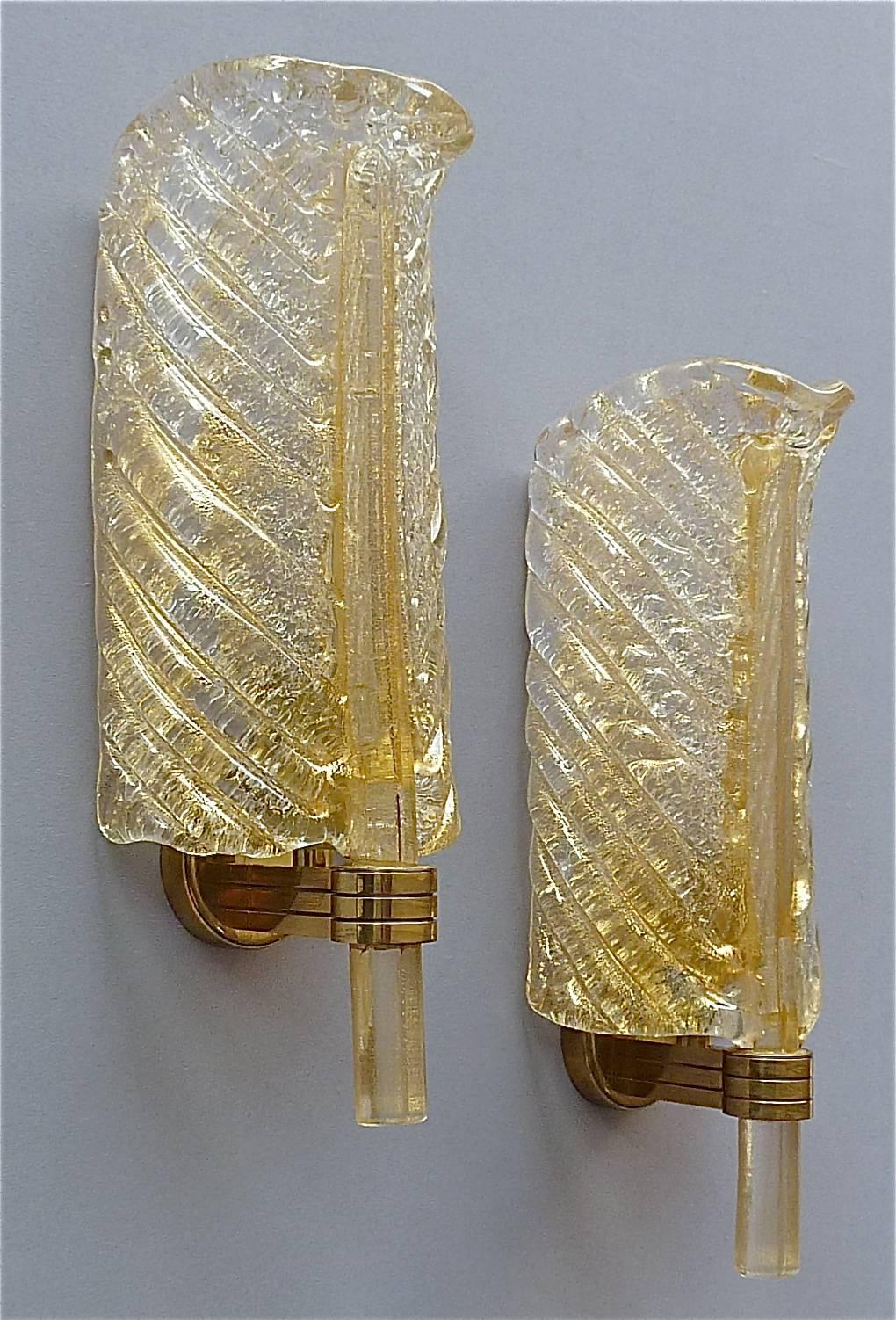 Pair Italian Barovier & Toso Leaf Sconces Wall Lamps Golden Murano Glass Brass 3