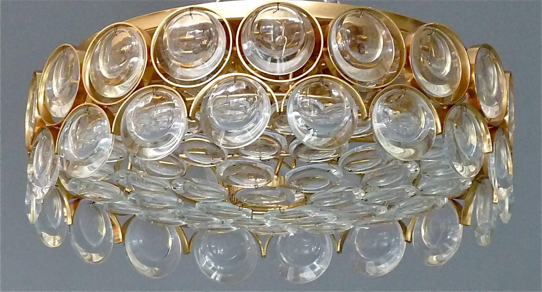 German Gilt Palwa Flush Mount Ceiling Chandelier Optical Crystal Glass Lenses