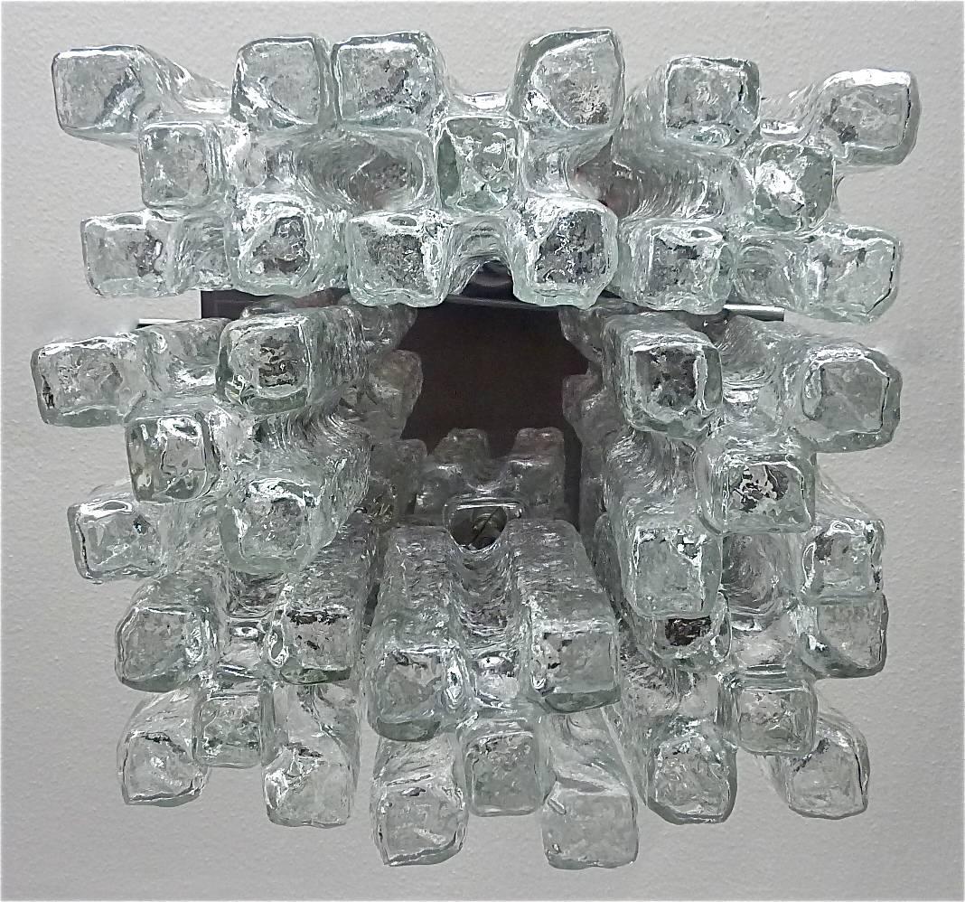 Mid-Century Modern Large Sculptural Flush Mount Kalmar Granada Ice Glass Chrome Steel Eight-Light