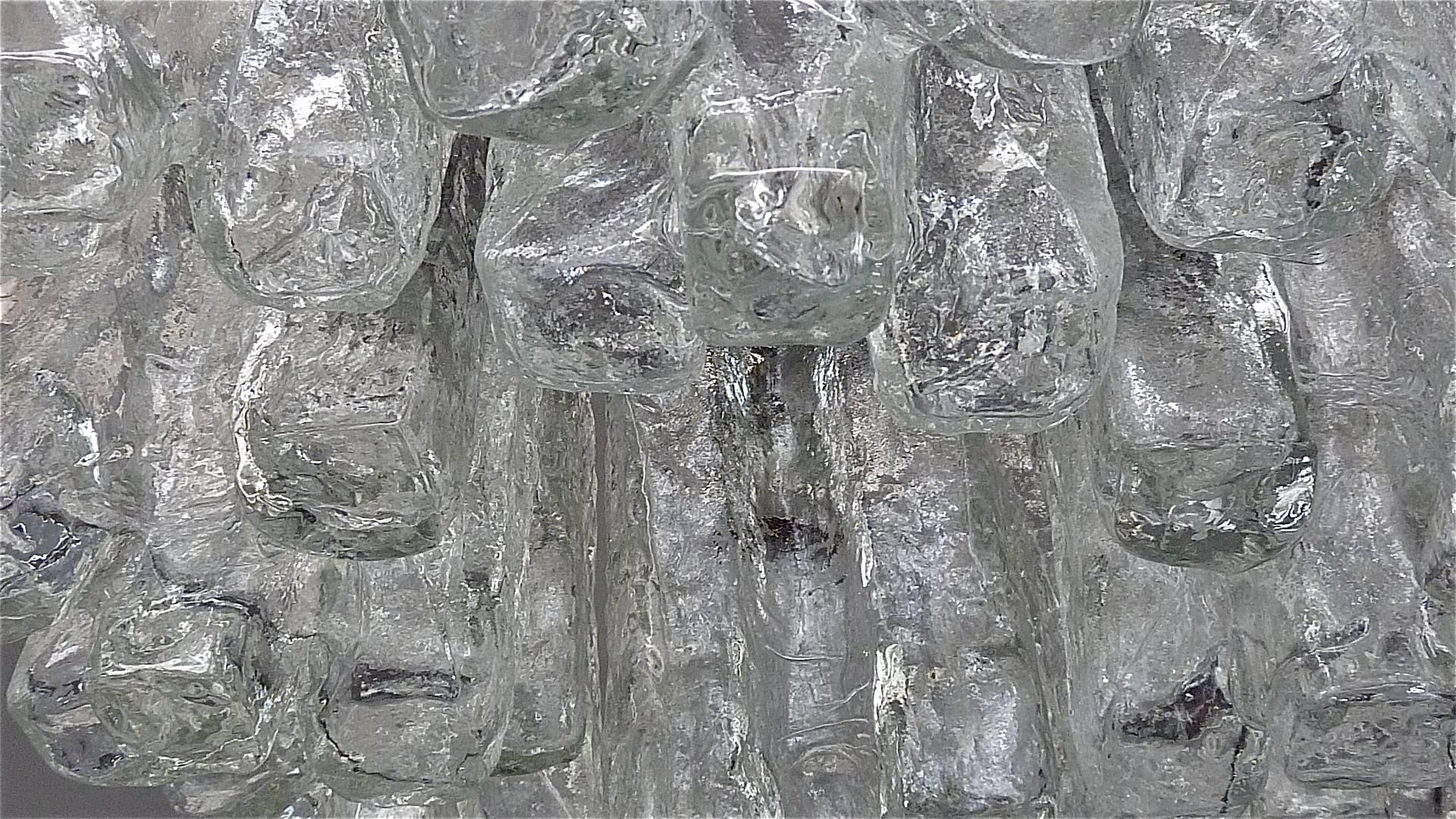 German Large Sculptural Flush Mount Kalmar Granada Ice Glass Chrome Steel Eight-Light