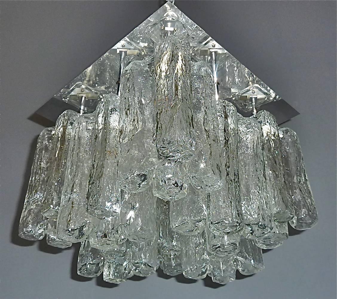 Mid-20th Century Large Sculptural Flush Mount Kalmar Granada Ice Glass Chrome Steel Eight-Light