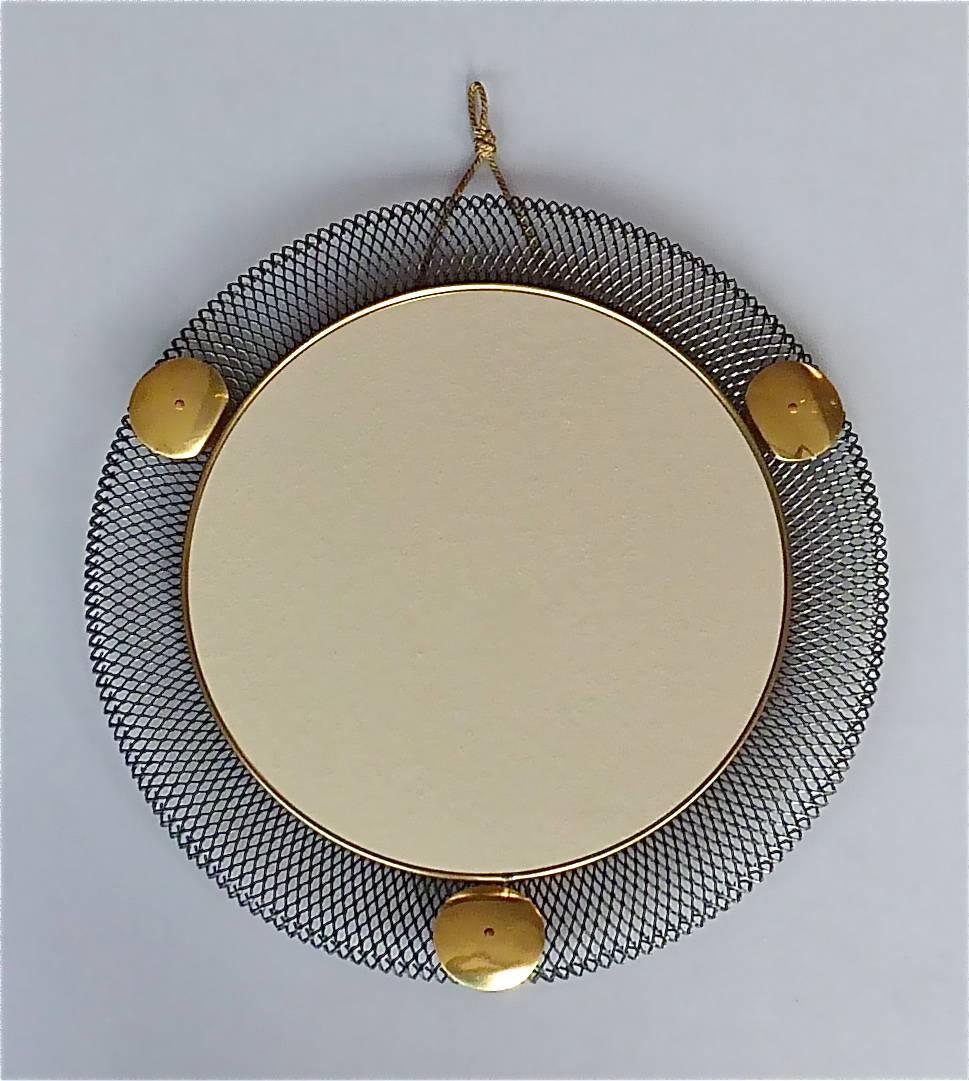 Mid-Century Modern Round Black Midcentury Wall Mirror Brass Stretched Metal 1955 Mategot Biny Style