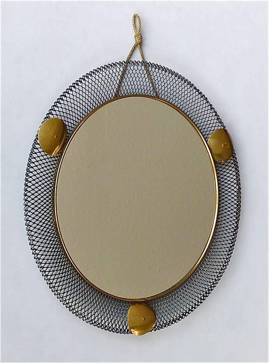 French Round Black Midcentury Wall Mirror Brass Stretched Metal 1955 Mategot Biny Style