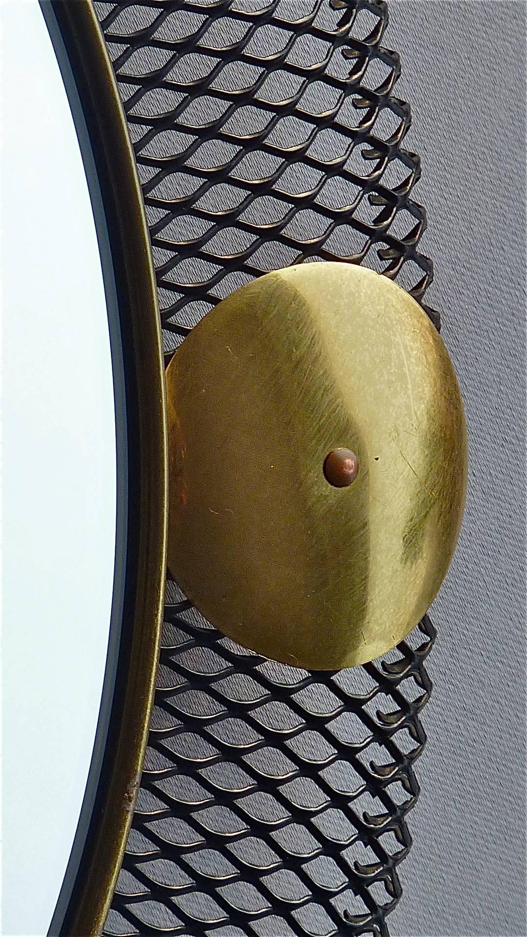 Round Black Midcentury Wall Mirror Brass Stretched Metal 1955 Mategot Biny Style In Good Condition In Nierstein am Rhein, DE