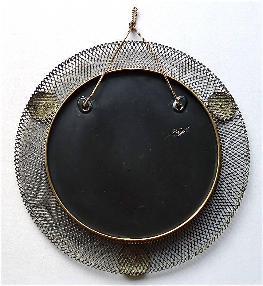 Mid-20th Century Round Black Midcentury Wall Mirror Brass Stretched Metal 1955 Mategot Biny Style