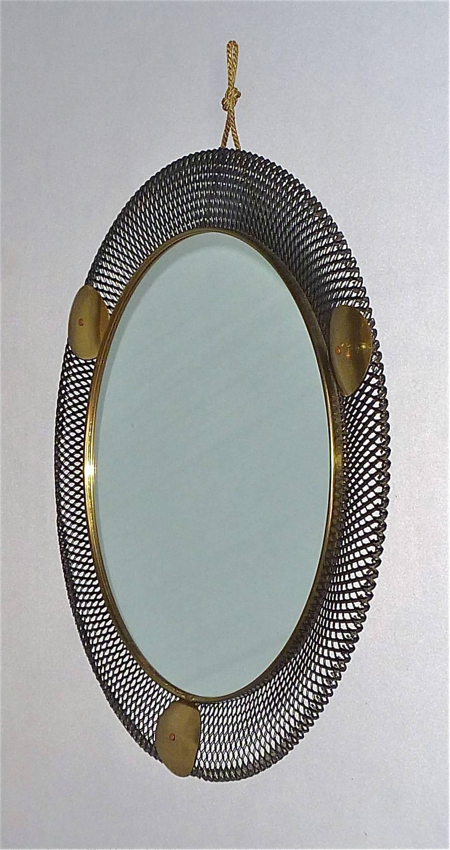 Round Black Midcentury Wall Mirror Brass Stretched Metal 1955 Mategot Biny Style 1