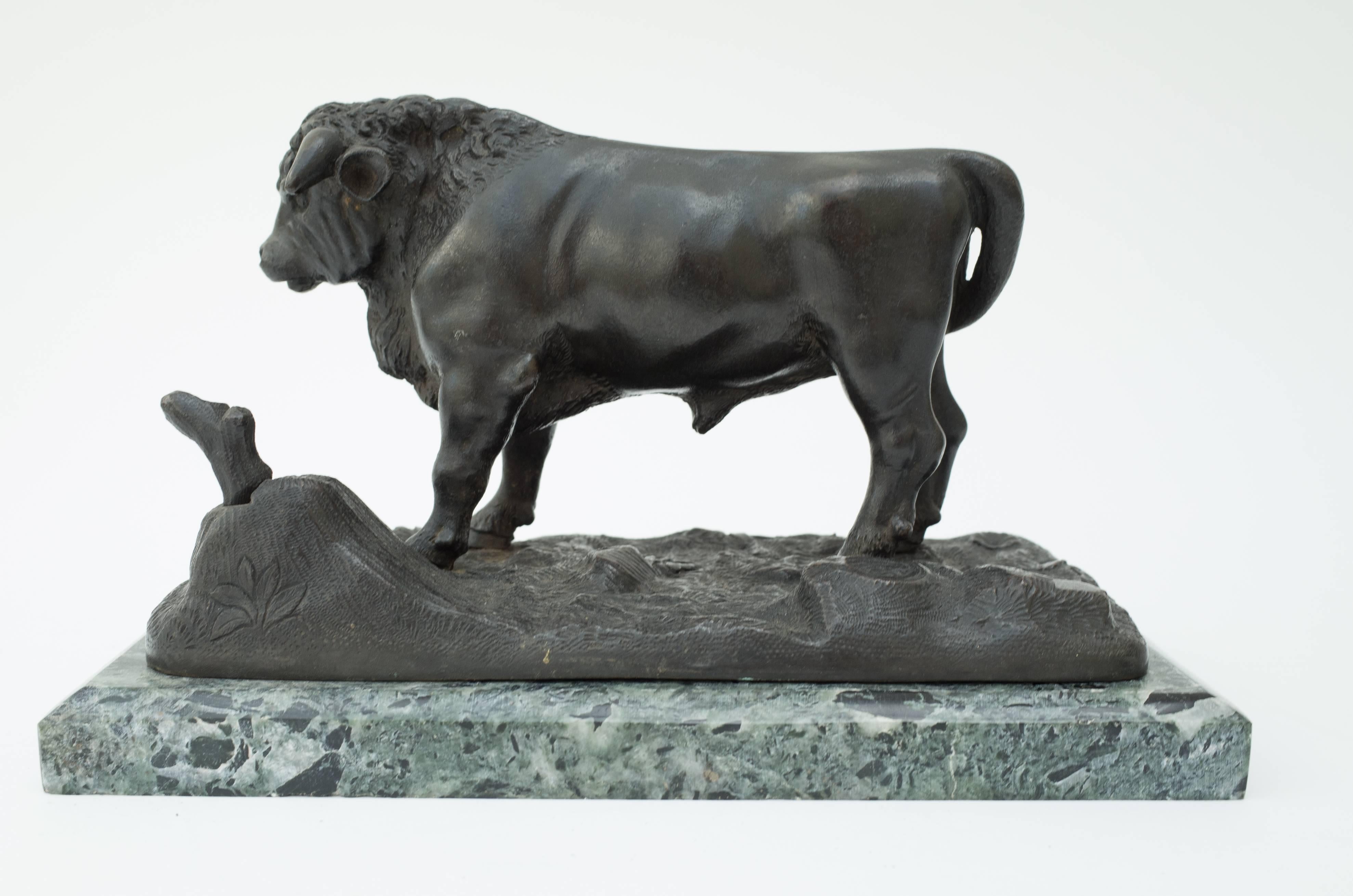 French 19th Century Pair Bronze Bull Cow on Marble Base For Sale