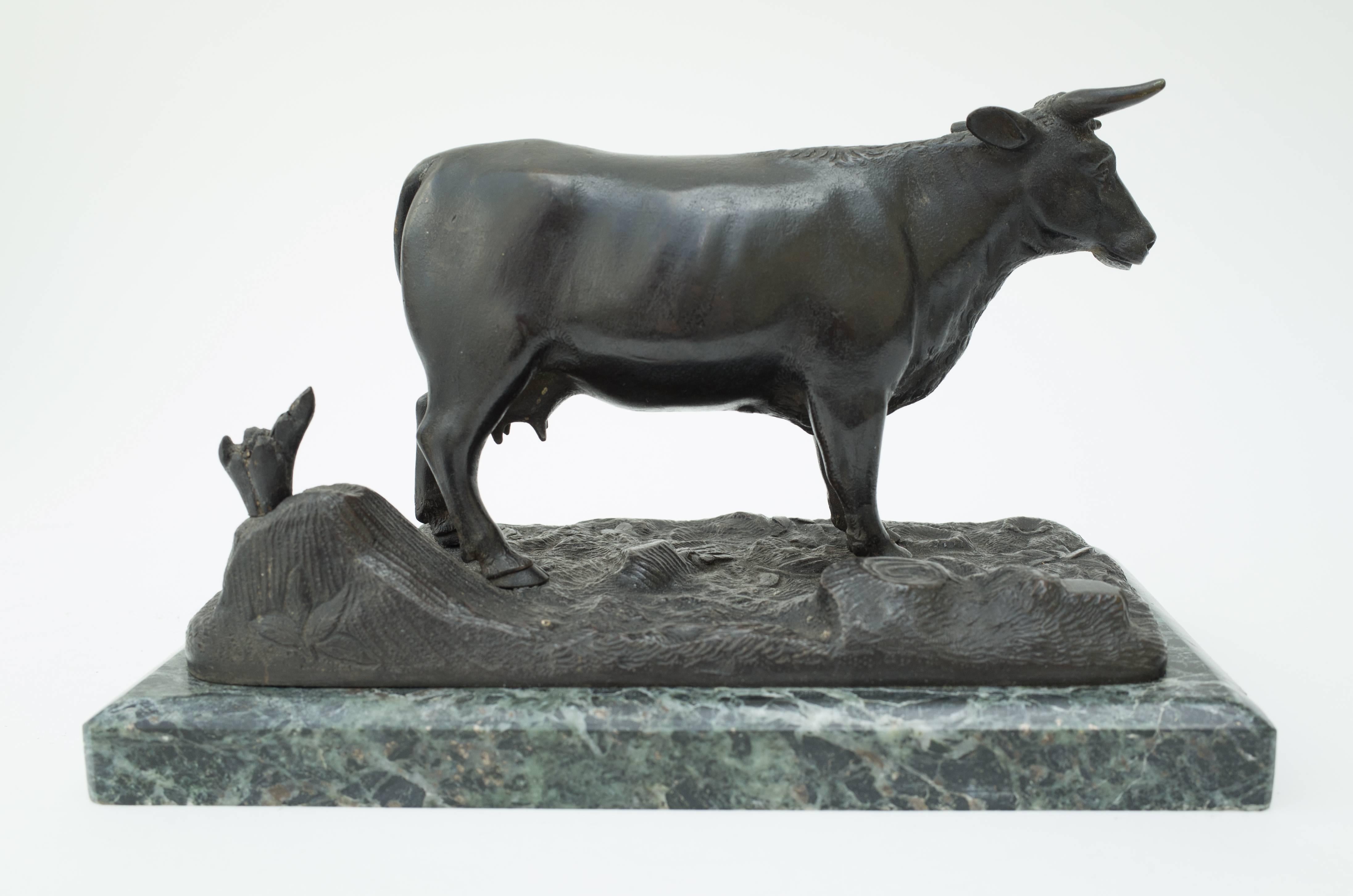 19th Century Pair Bronze Bull Cow on Marble Base In Fair Condition For Sale In Brighton, GB