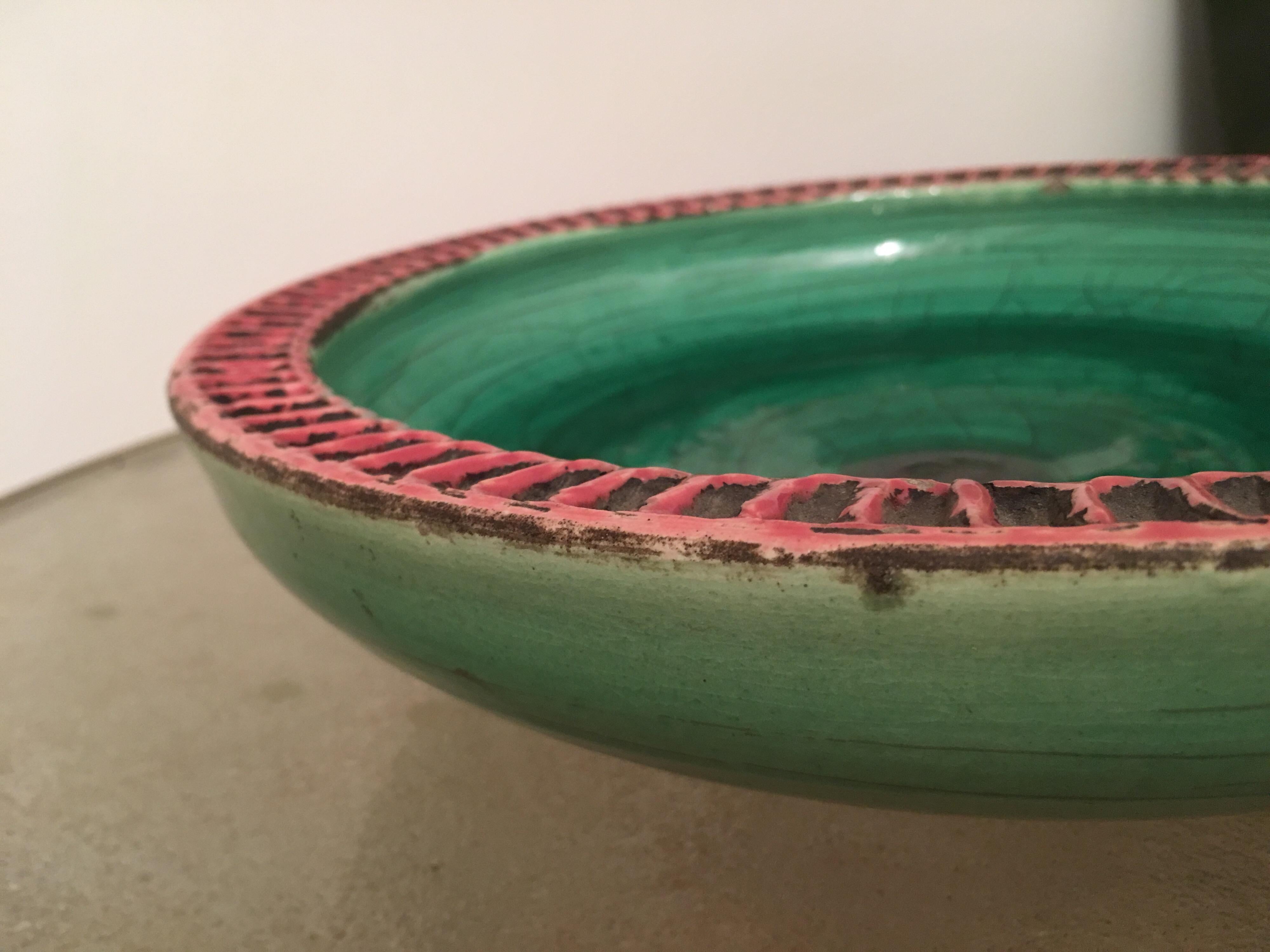 Jean Besnard Signed Green Crackle and Pink Ceramic Bowl, France, 1930s For Sale 1