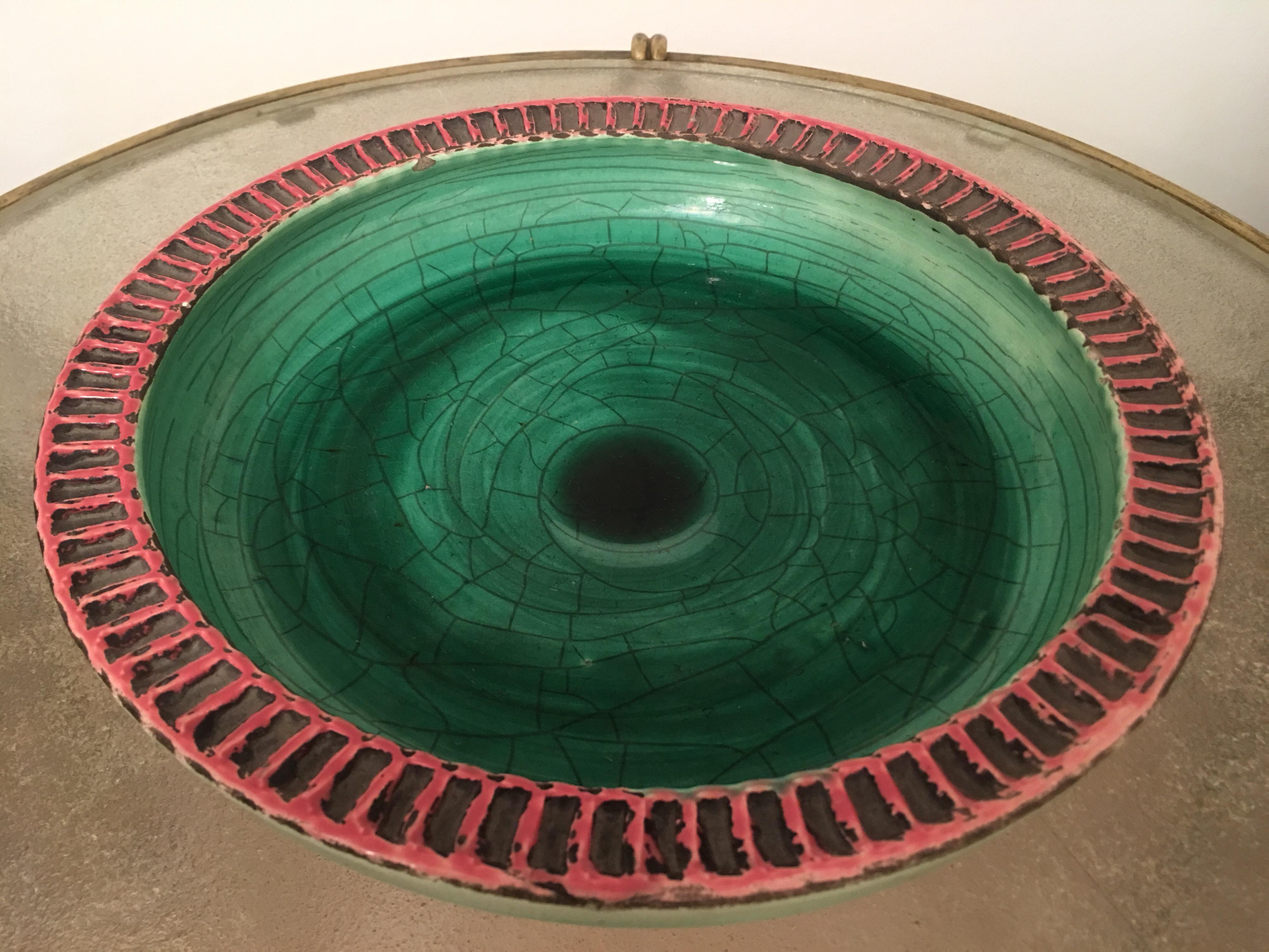 French Jean Besnard Signed Green Crackle and Pink Ceramic Bowl, France, 1930s For Sale