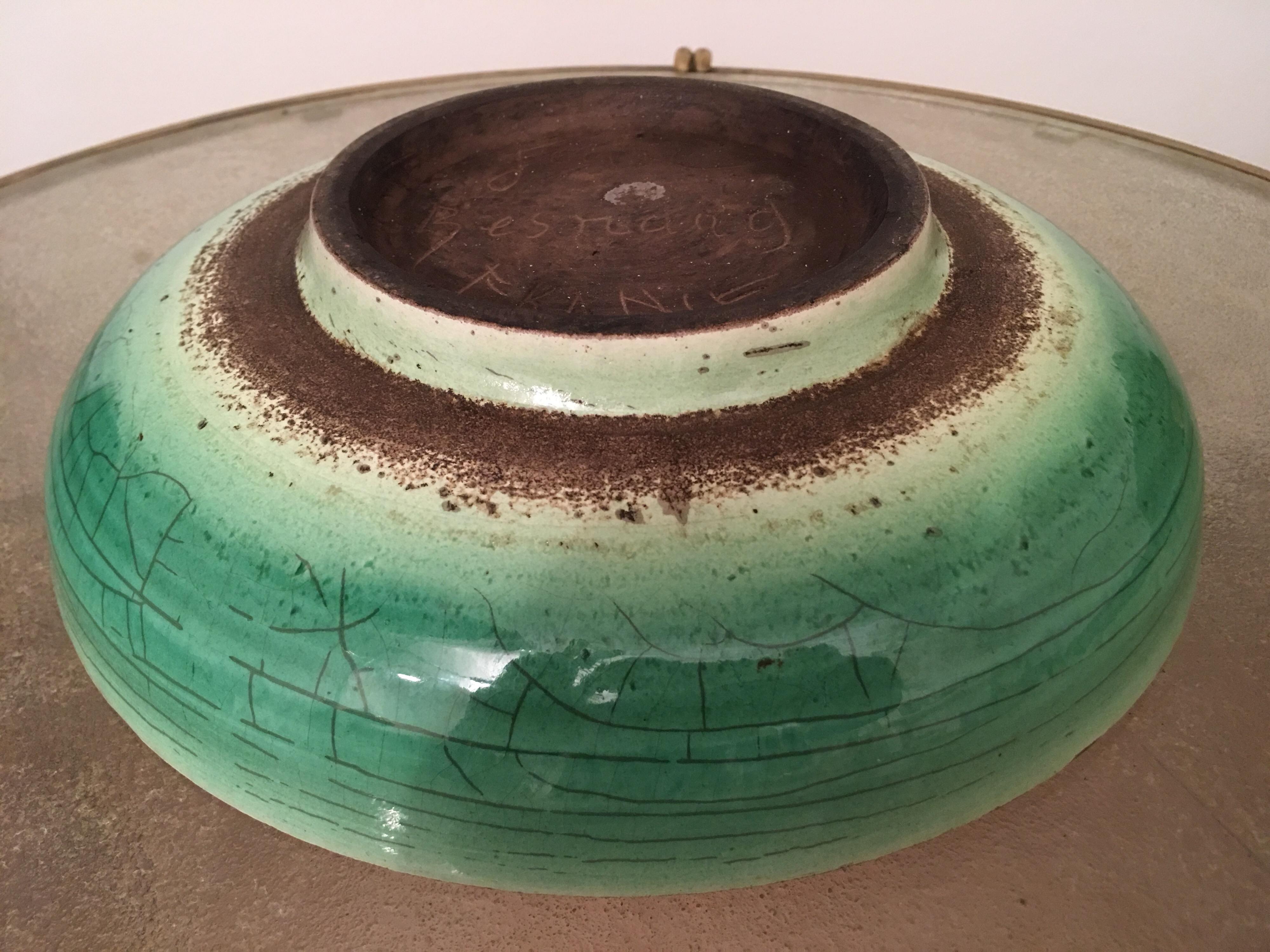 Jean Besnard Signed Green Crackle and Pink Ceramic Bowl, France, 1930s For Sale 4