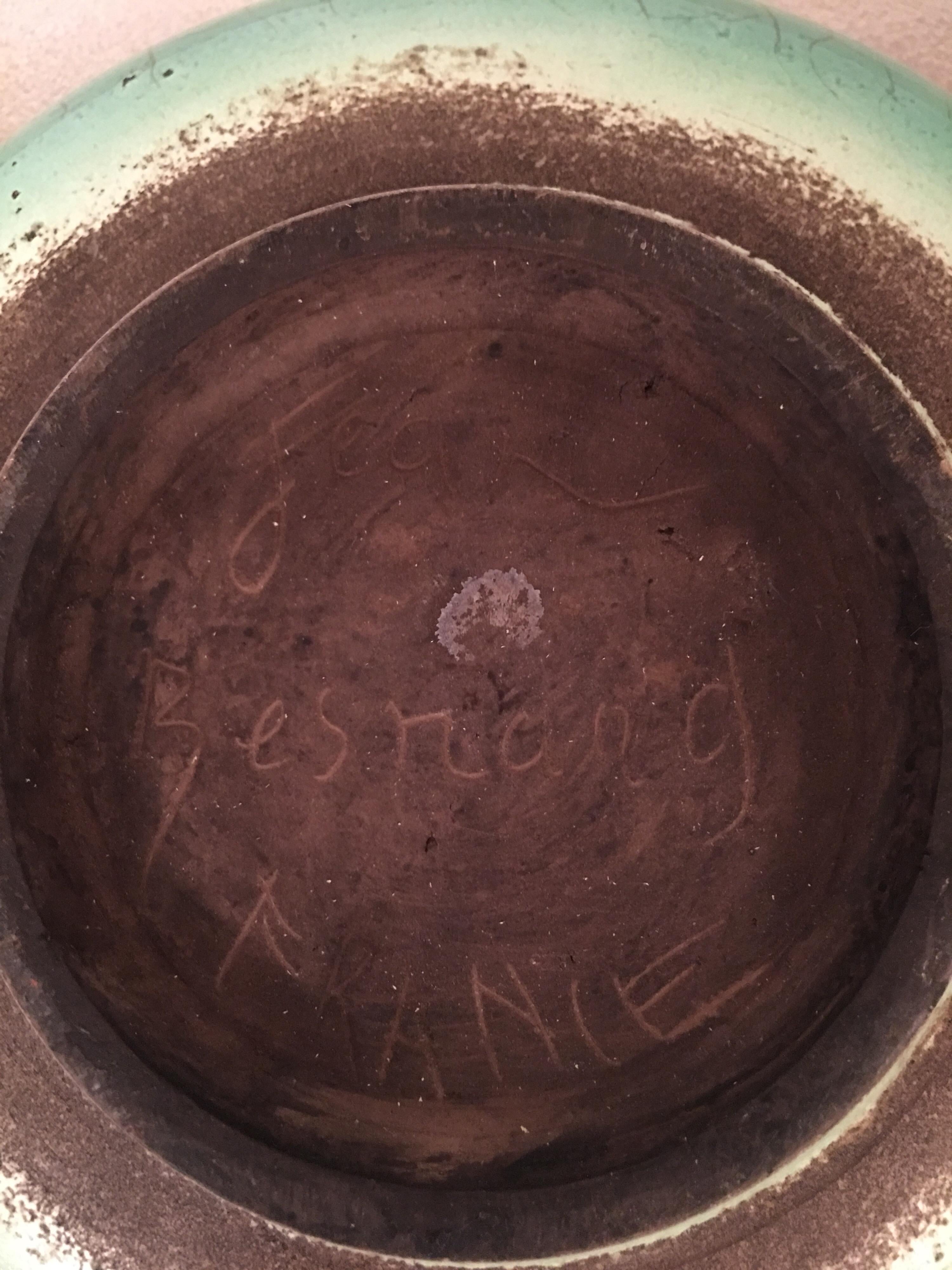 Jean Besnard Signed Green Crackle and Pink Ceramic Bowl, France, 1930s im Angebot 5
