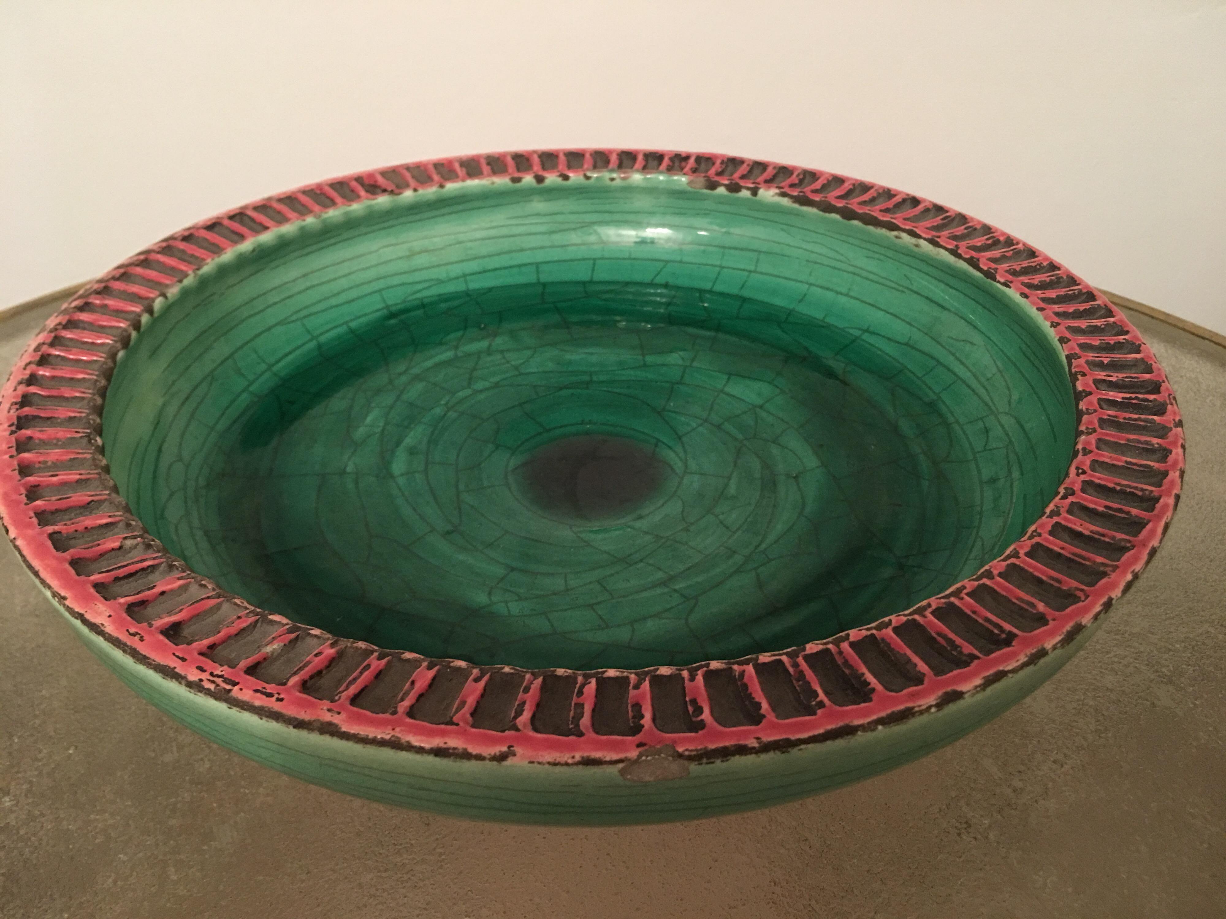 Jean Besnard Signed Green Crackle and Pink Ceramic Bowl, France, 1930s For Sale 7