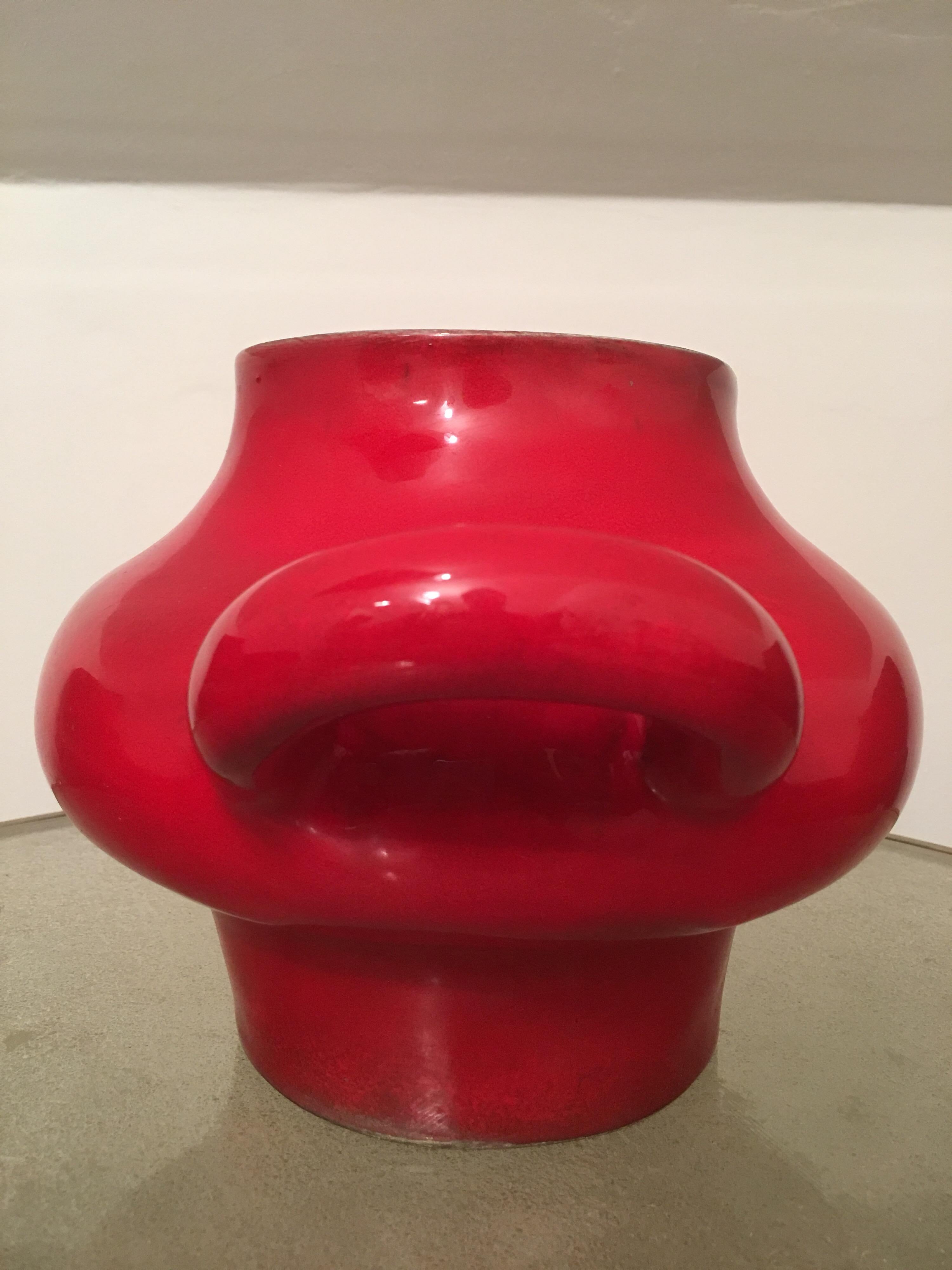 French Georges Jouve Large Red and Black Glazed Ceramic Vase, Alpha Marked, 1950s  For Sale