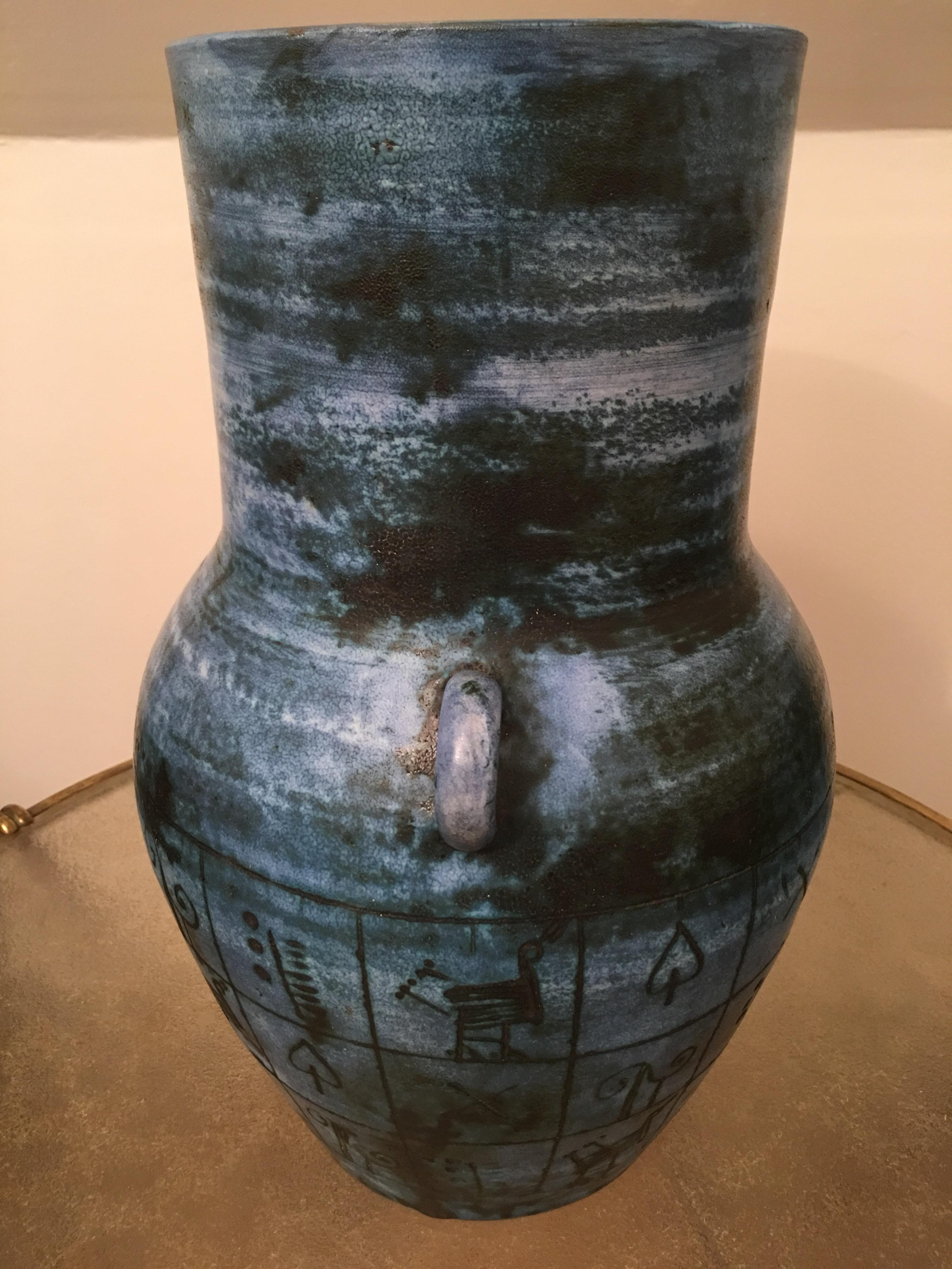 Enameled Jacques Blin Signed Large Blue Ceramic Vase, Incised Decor, French, 1960s For Sale