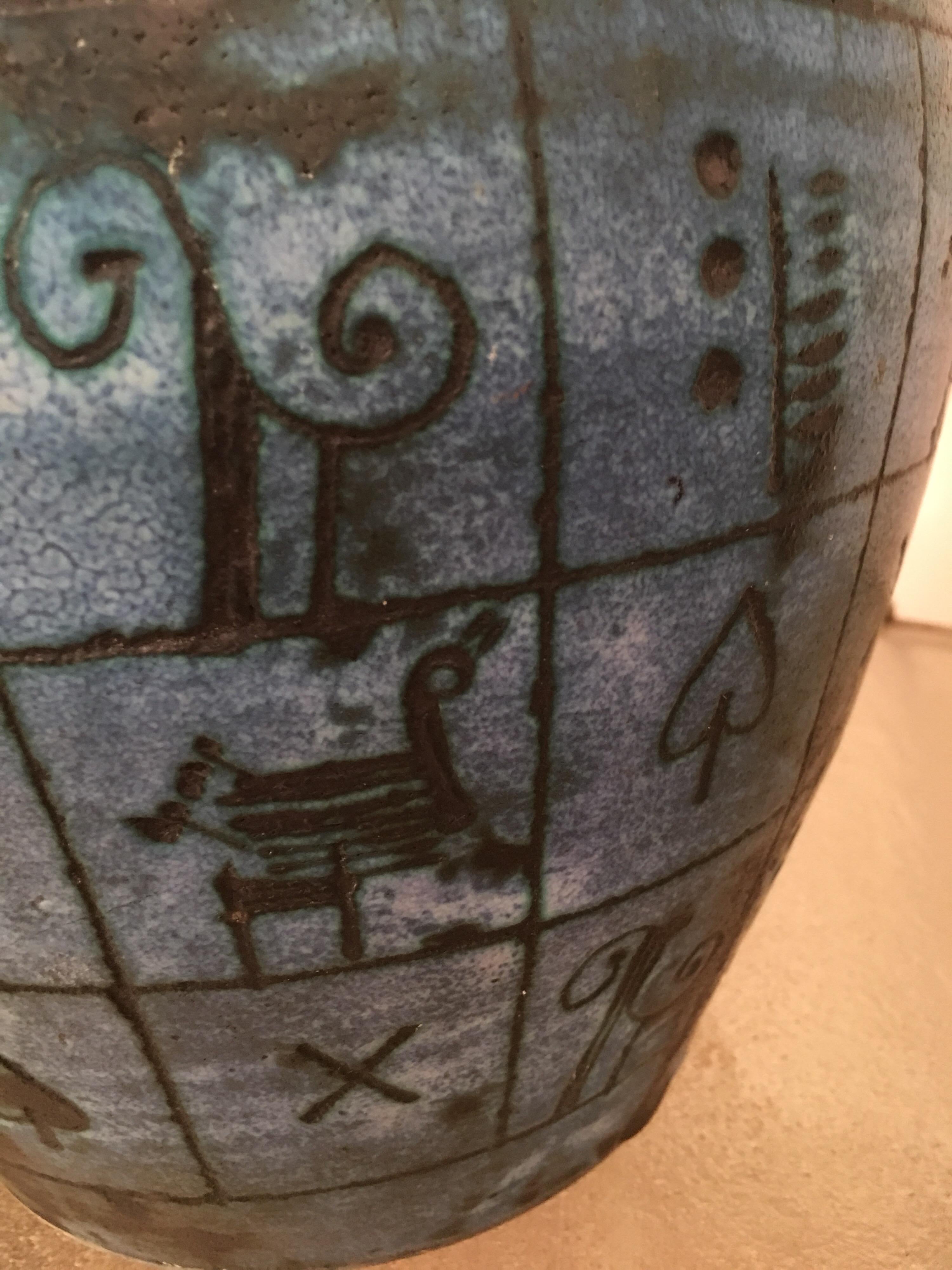 Jacques Blin Signed Large Blue Ceramic Vase, Incised Decor, French, 1960s For Sale 7