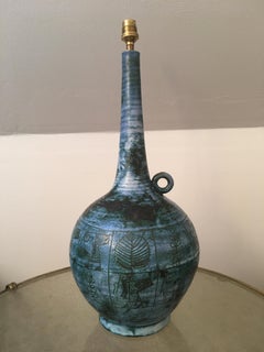 Lampe en céramique bleue et noire signée Jacques Blin, décoration incisée, France, années 1960