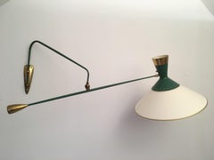 Arlus Green and Gilt Counter Balance Swing Arm Wall Lamp, French 1950s