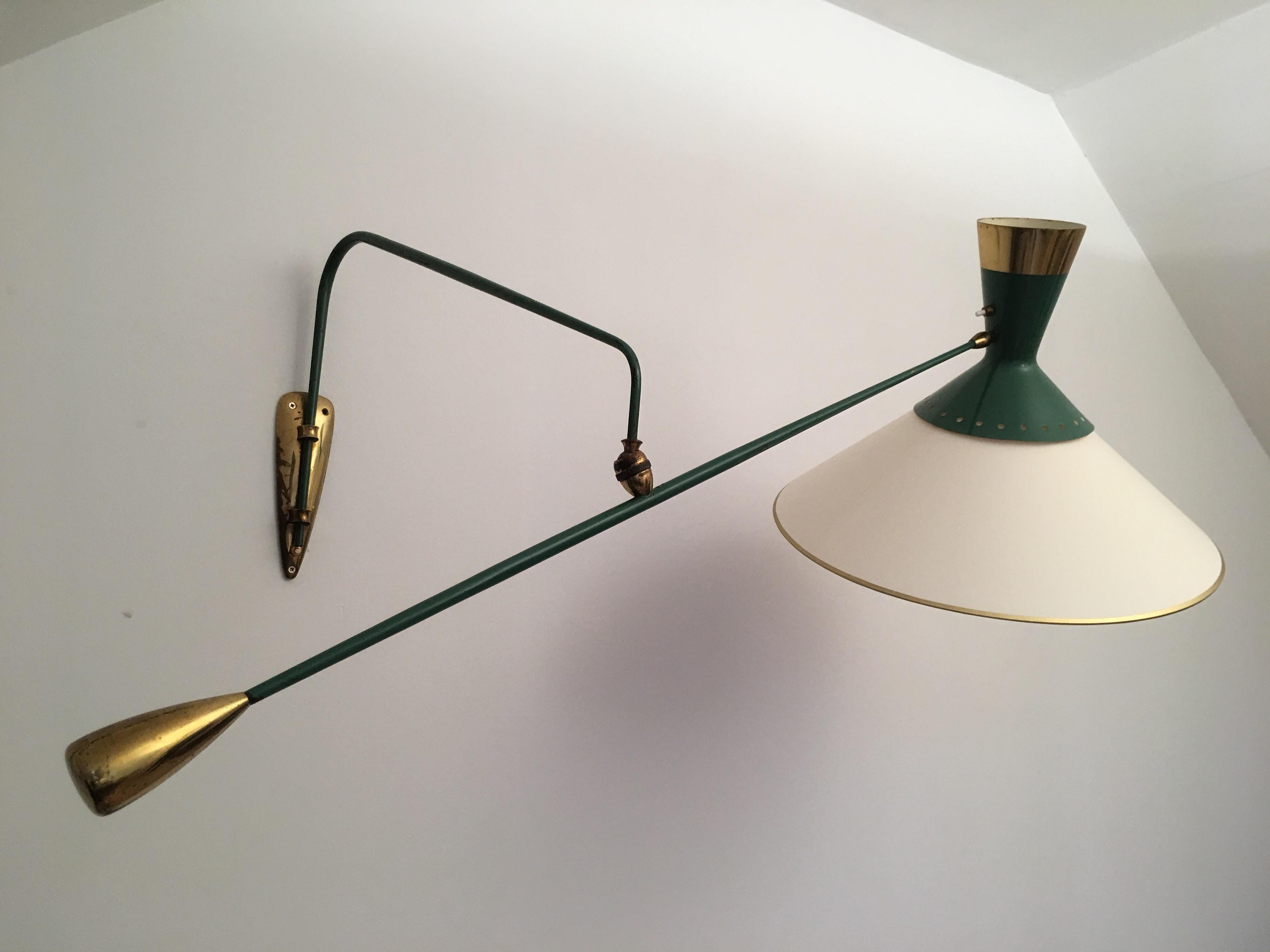 Mid-20th Century Arlus Green and Gilt Counter Balance Swing Arm Wall Lamp, French 1950s For Sale