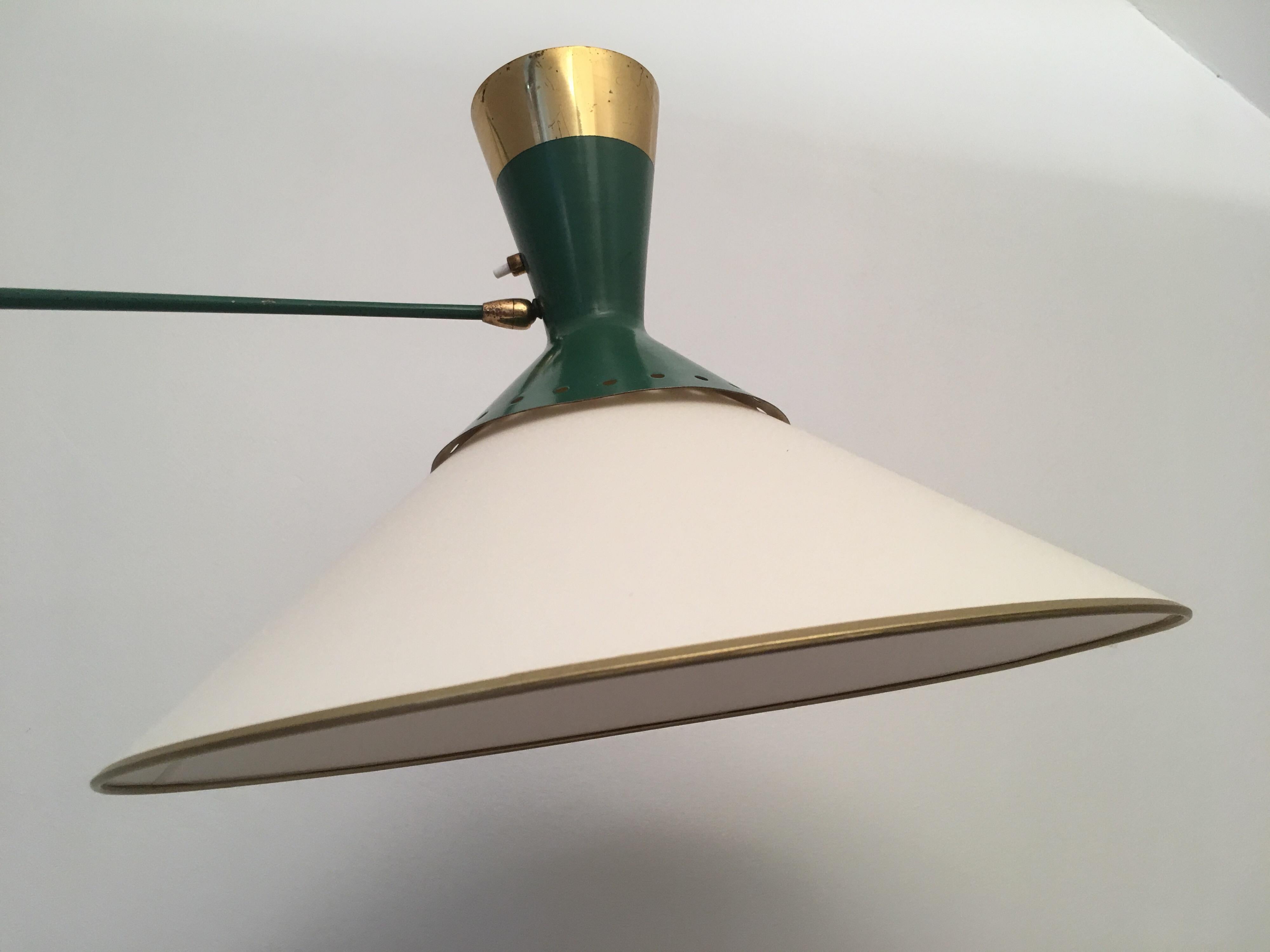 Arlus Green and Gilt Counter Balance Swing Arm Wall Lamp, French 1950s For Sale 4