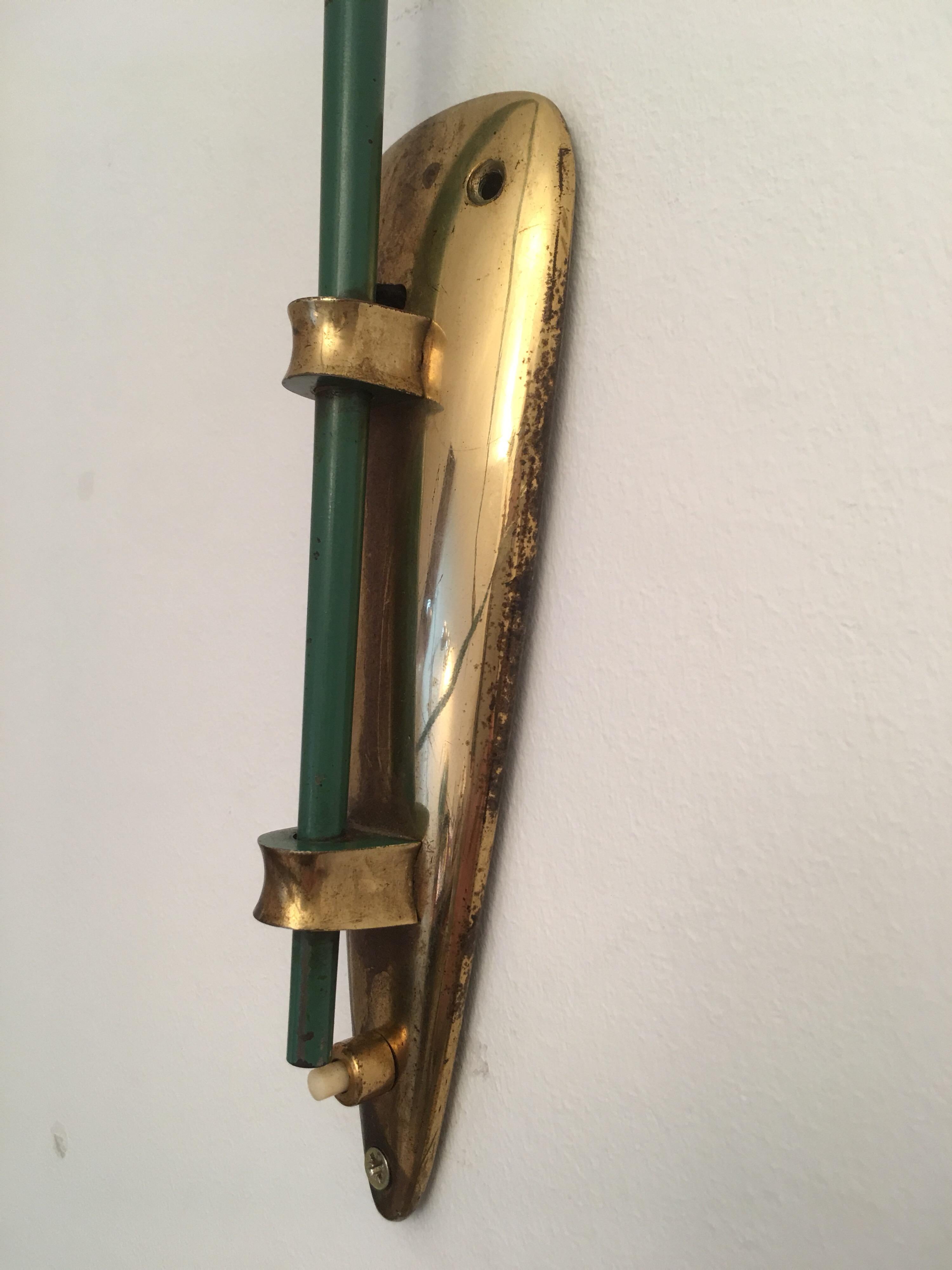 Arlus Green and Gilt Counter Balance Swing Arm Wall Lamp, French 1950s For Sale 10