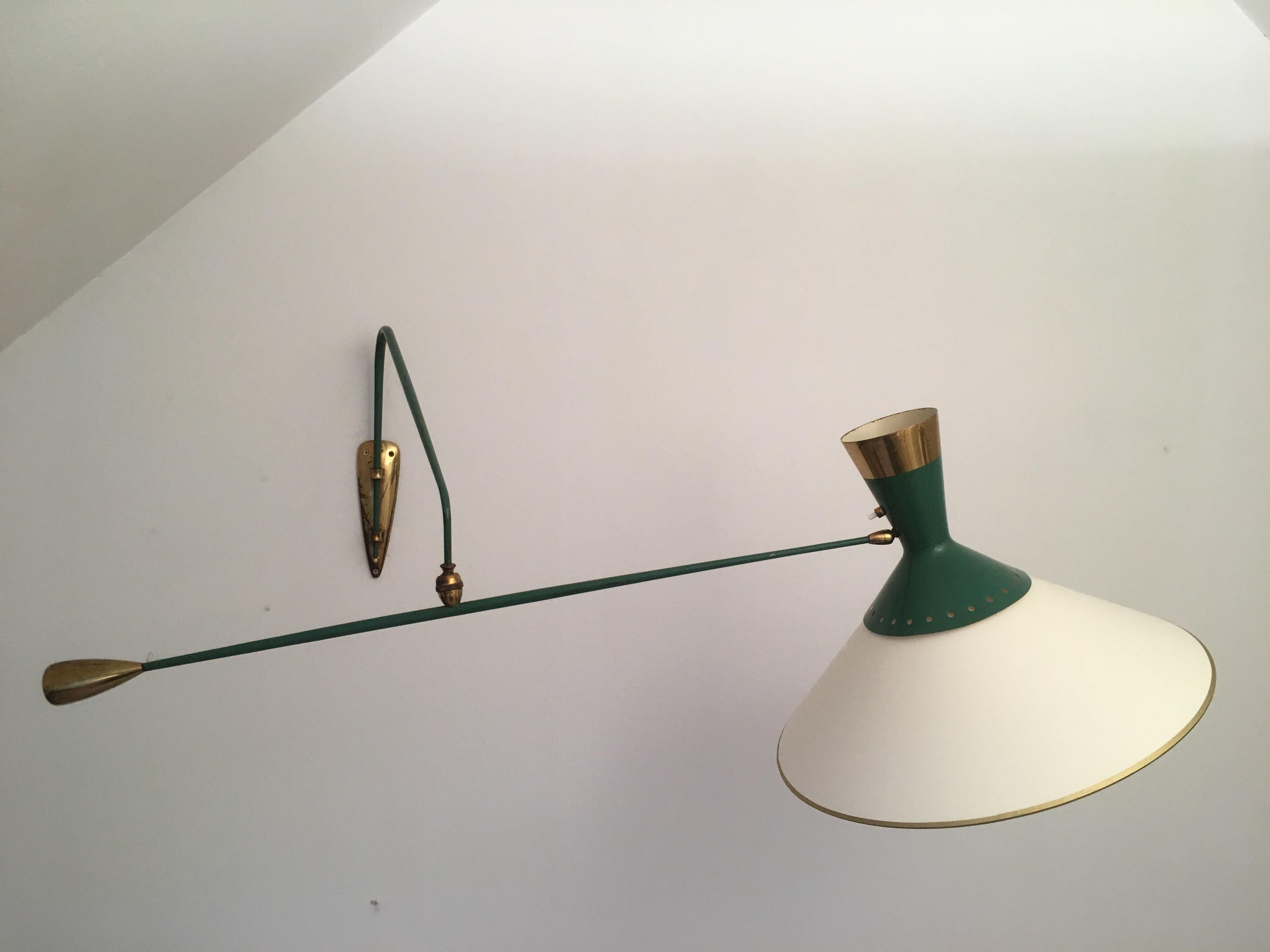 Metal Arlus Green and Gilt Counter Balance Swing Arm Wall Lamp, French 1950s For Sale