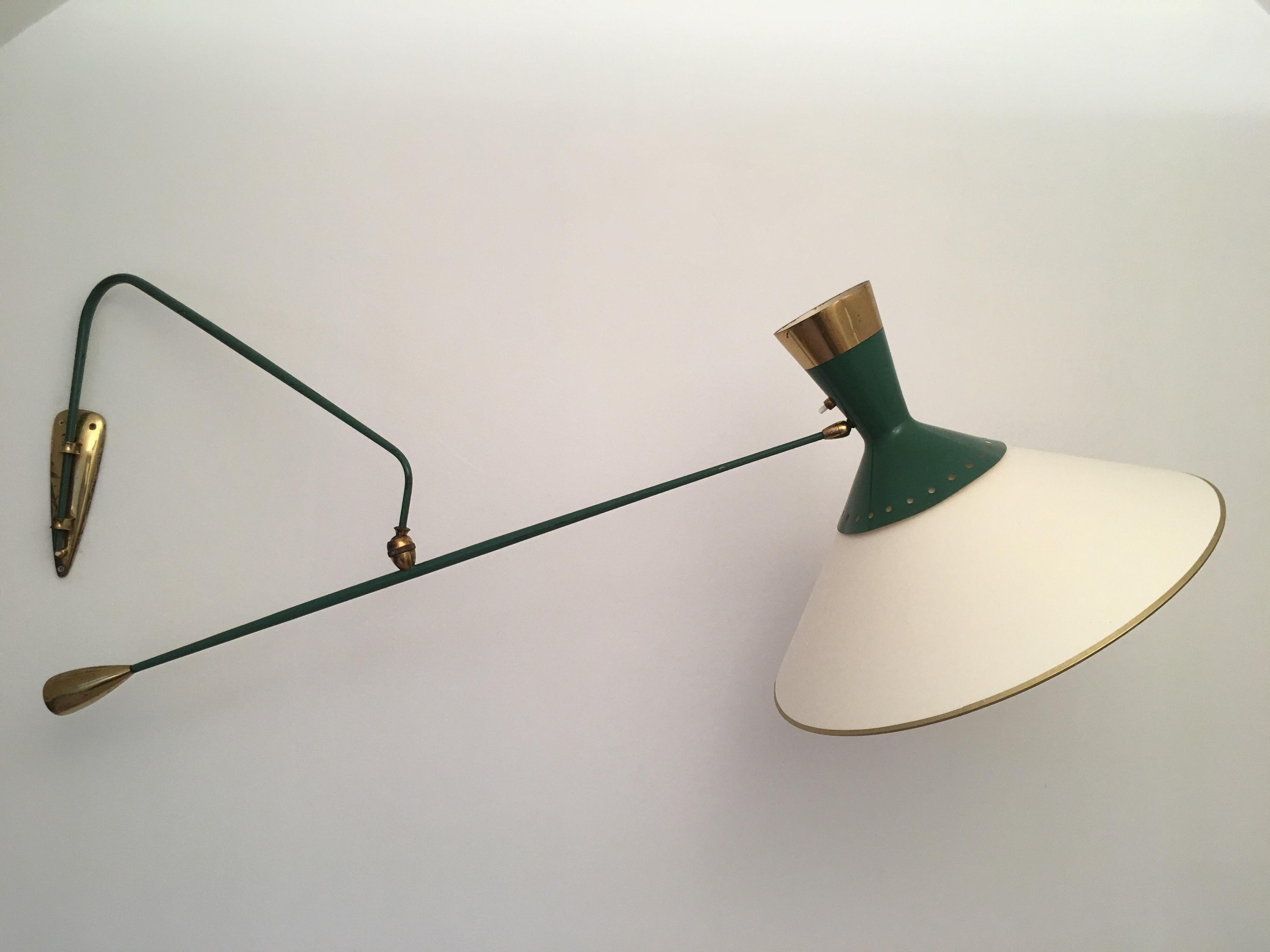 Mid-Century Modern Arlus Green and Gilt Counter Balance Swing Arm Wall Lamp, French 1950s For Sale