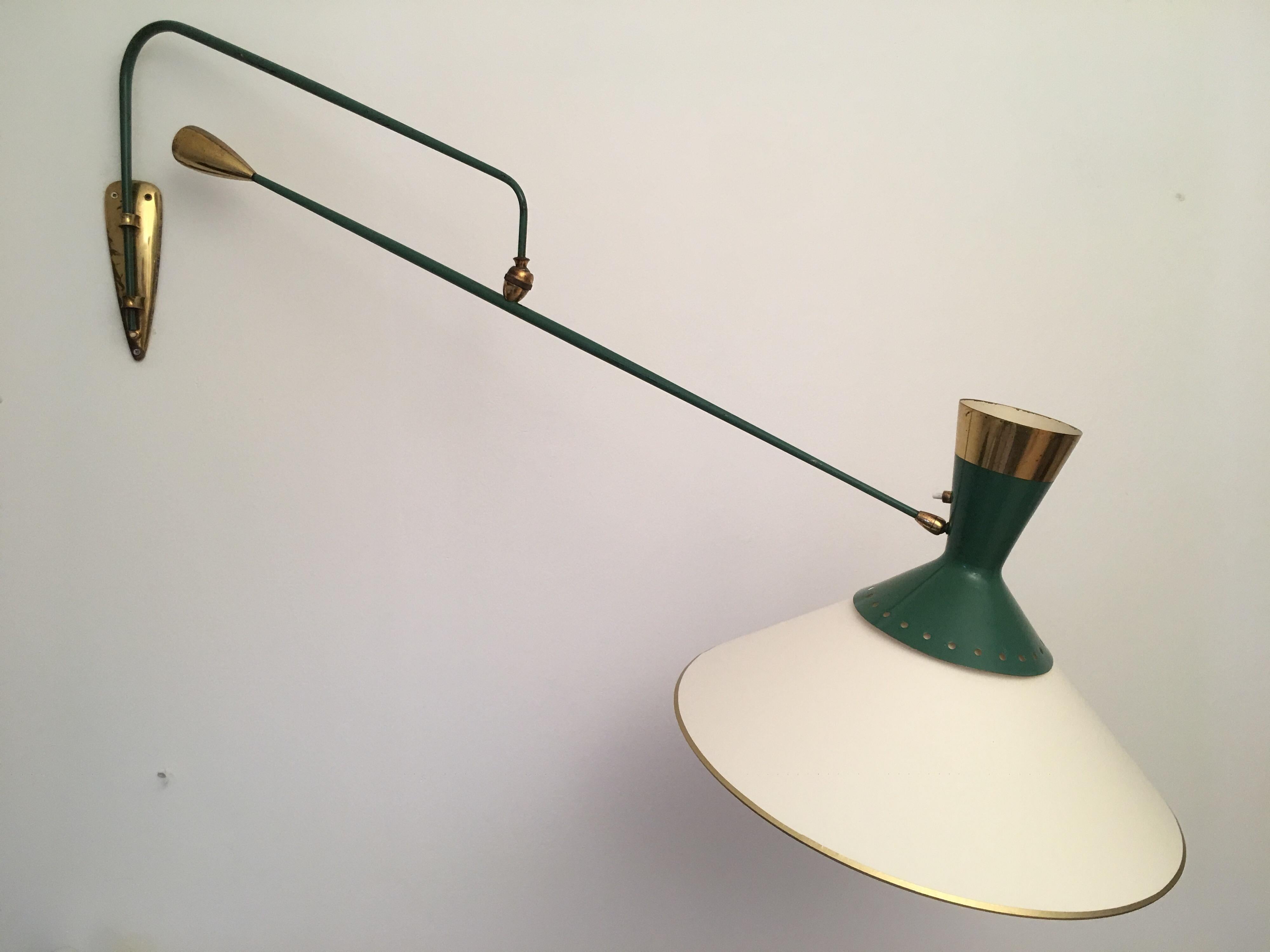 Arlus Green and Gilt Counter Balance Swing Arm Wall Lamp, French 1950s For Sale 1