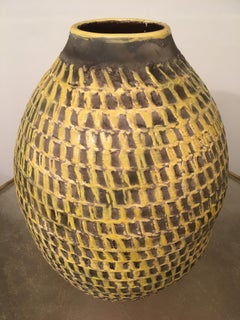 Jean Besnard Signed Large Yellow Ceramic Vase, Incised Decor, French, 1930s