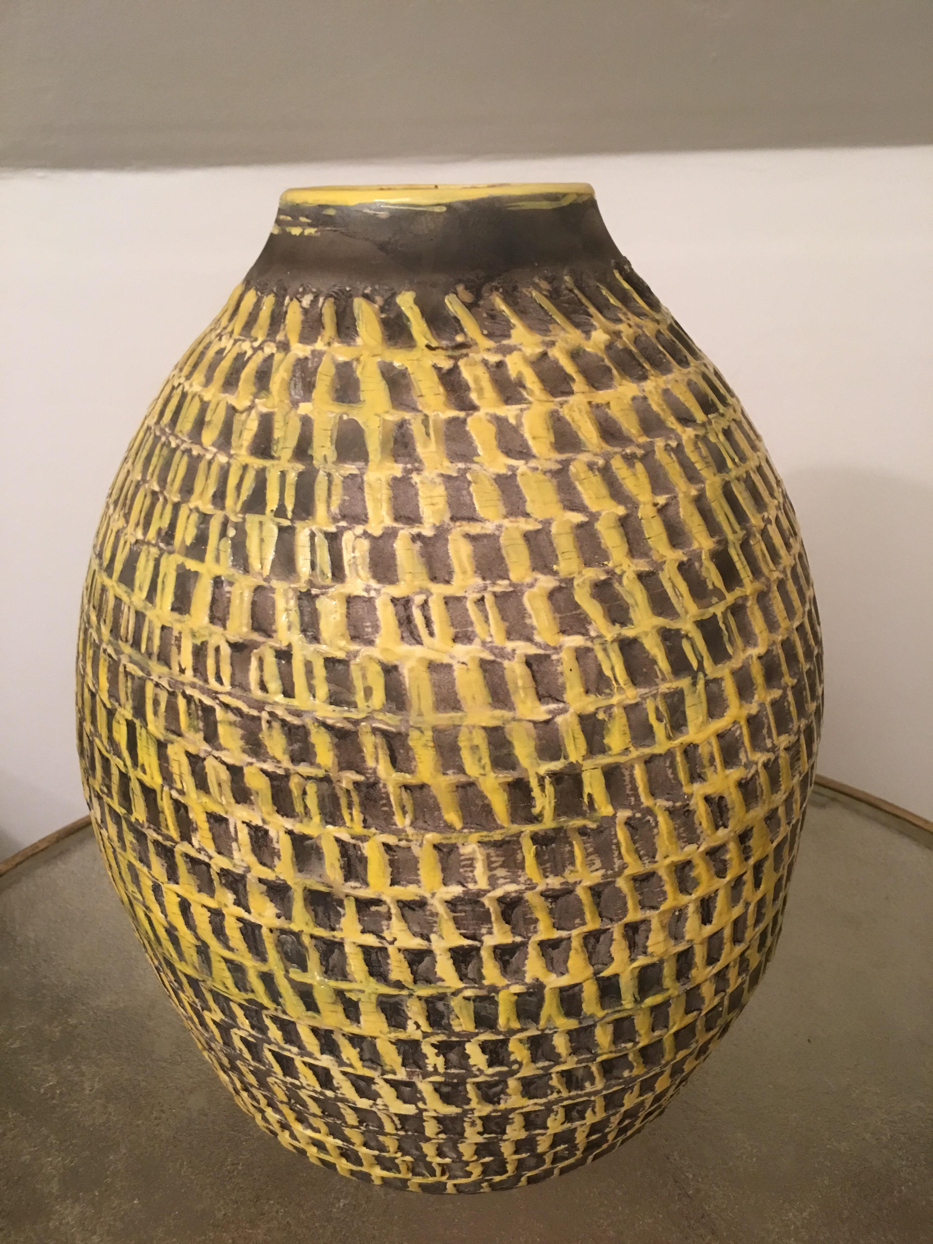 Art Deco Jean Besnard Signed Large Yellow Ceramic Vase, Incised Decor, French, 1930s For Sale