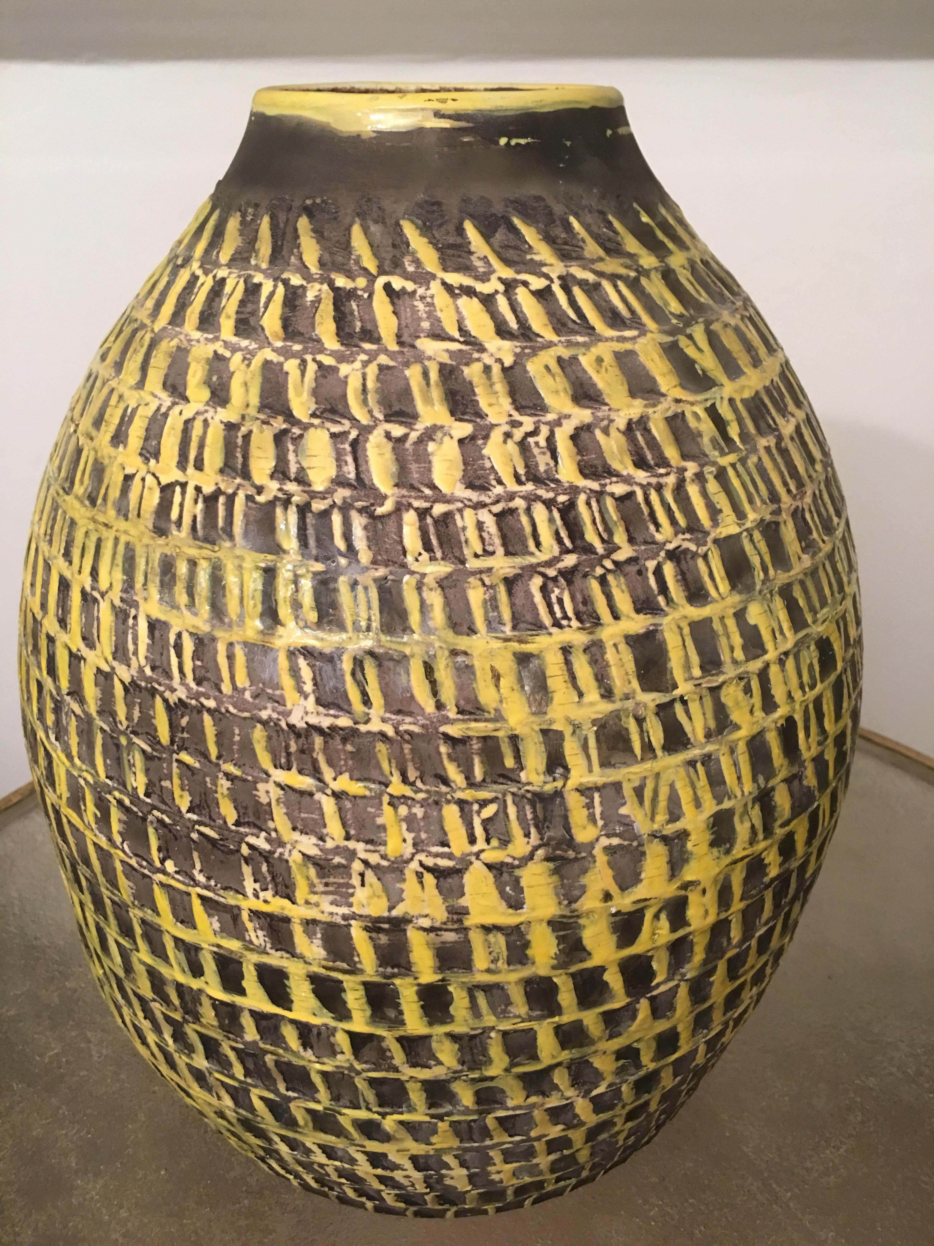 Mid-20th Century Jean Besnard Signed Large Yellow Ceramic Vase, Incised Decor, French, 1930s For Sale