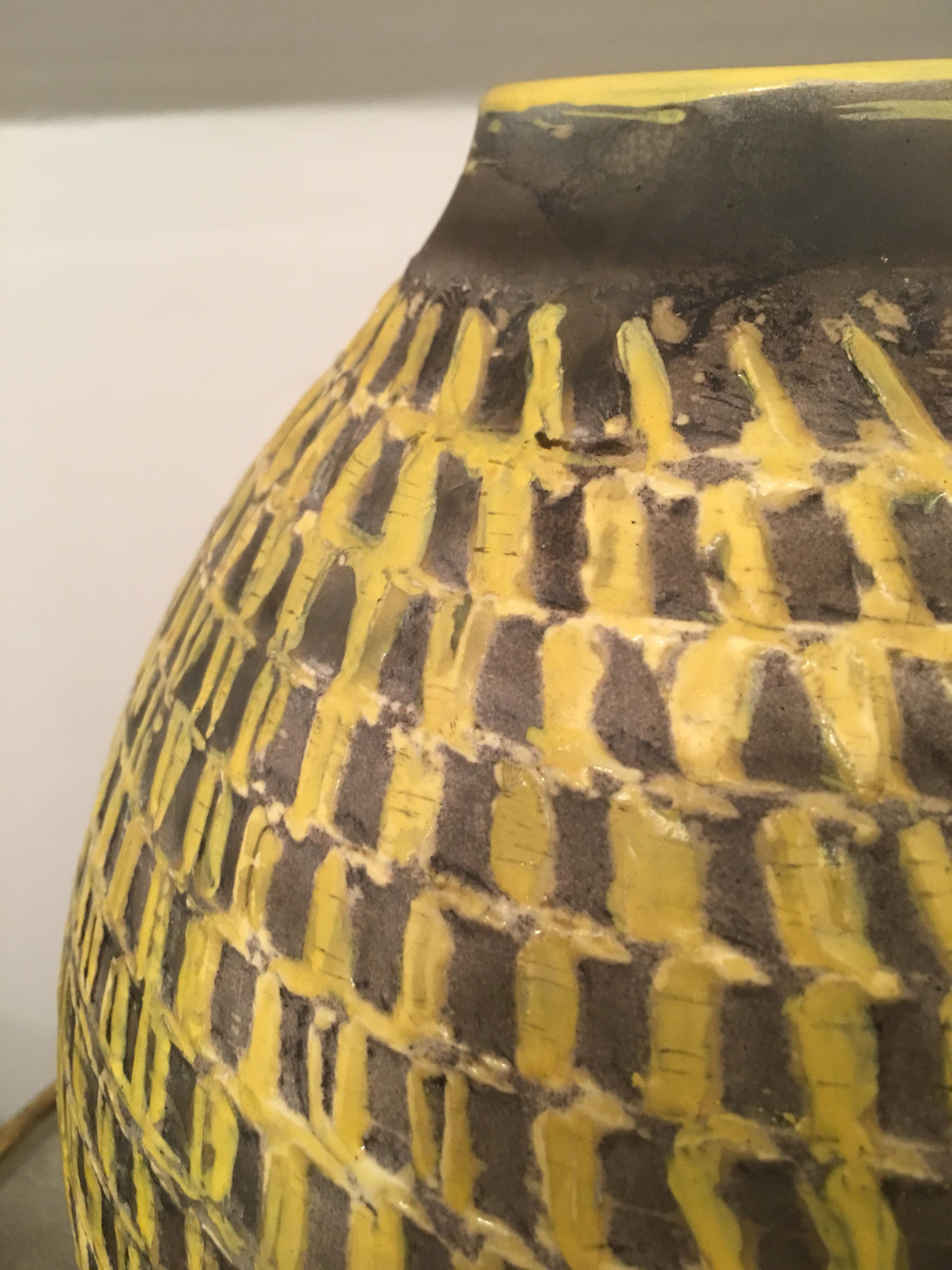 Jean Besnard Signed Large Yellow Ceramic Vase, Incised Decor, French, 1930s For Sale 3
