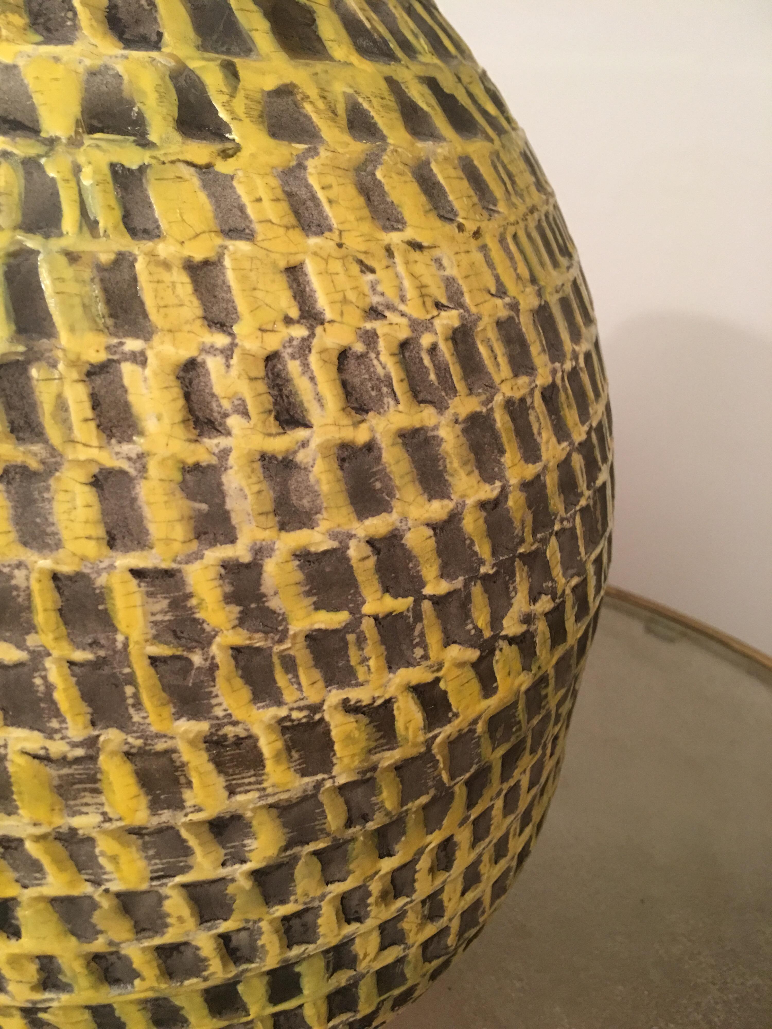 Jean Besnard Signed Large Yellow Ceramic Vase, Incised Decor, French, 1930s For Sale 4