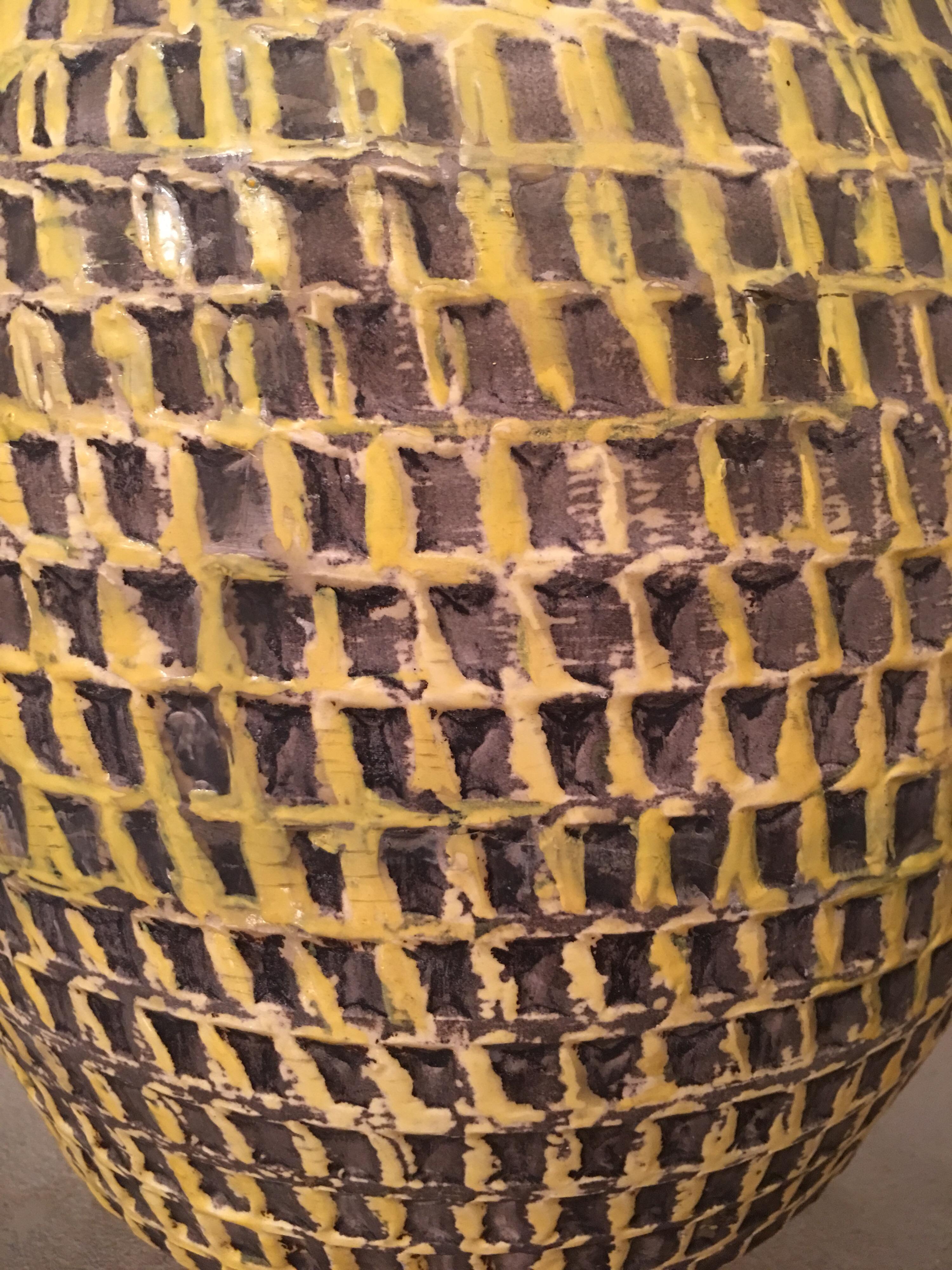 Jean Besnard Signed Large Yellow Ceramic Vase, Incised Decor, French, 1930s For Sale 5