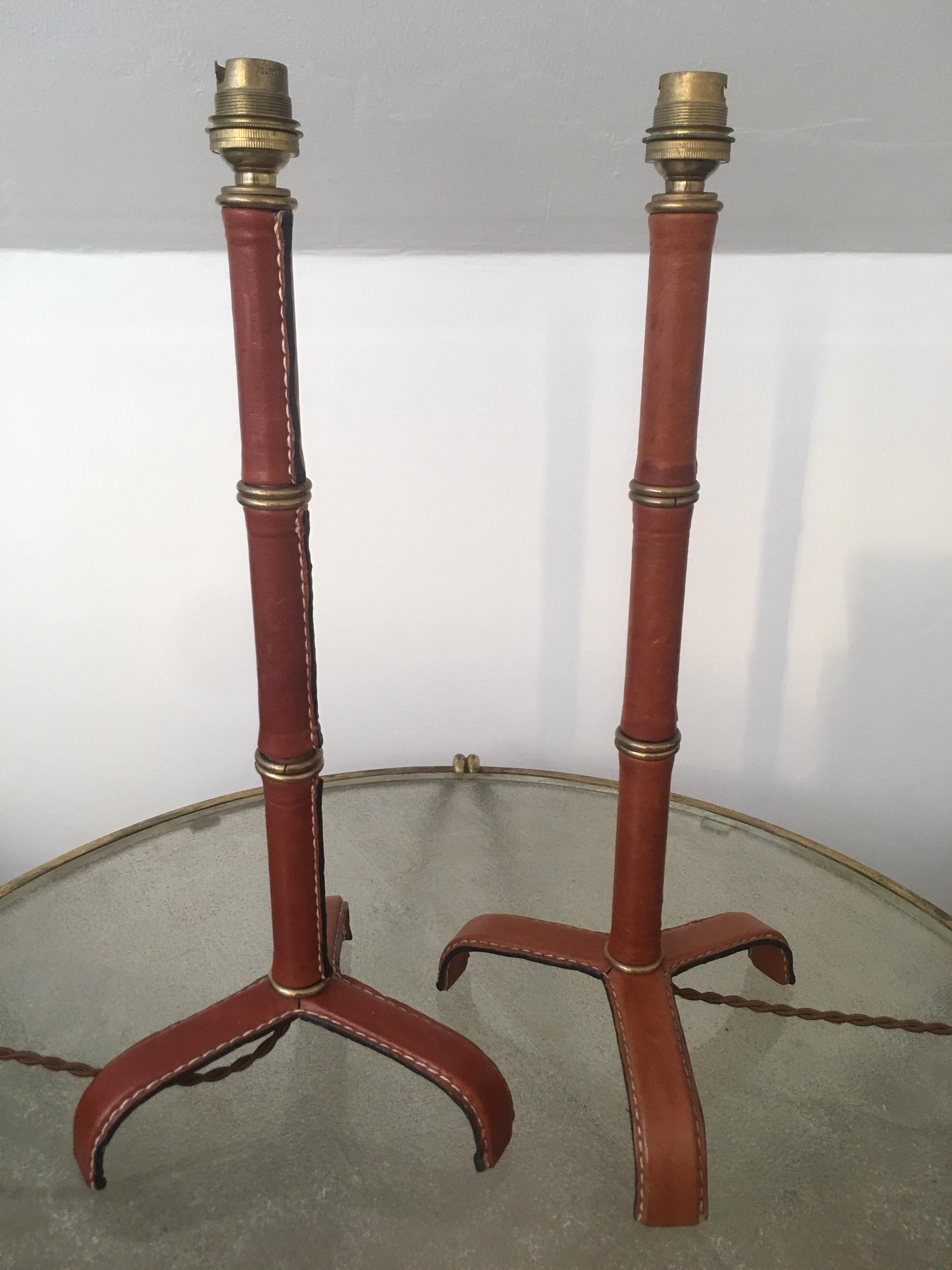 Mid-Century Modern Jacques Adnet Pair of Brown Leather Table Lamps, Bamboo Form, French, 1950s For Sale