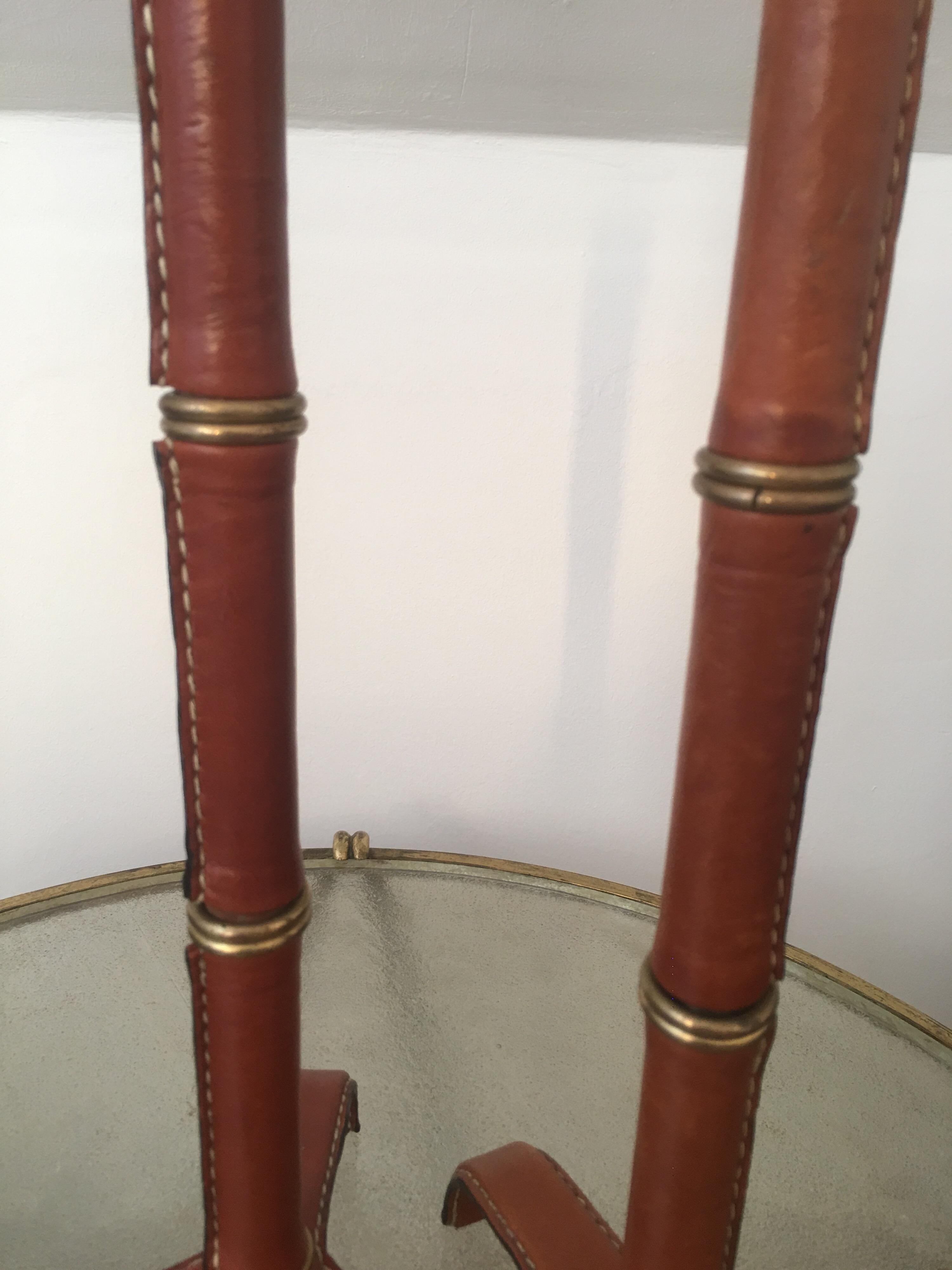 Jacques Adnet Pair of Brown Leather Table Lamps, Bamboo Form, French, 1950s For Sale 5