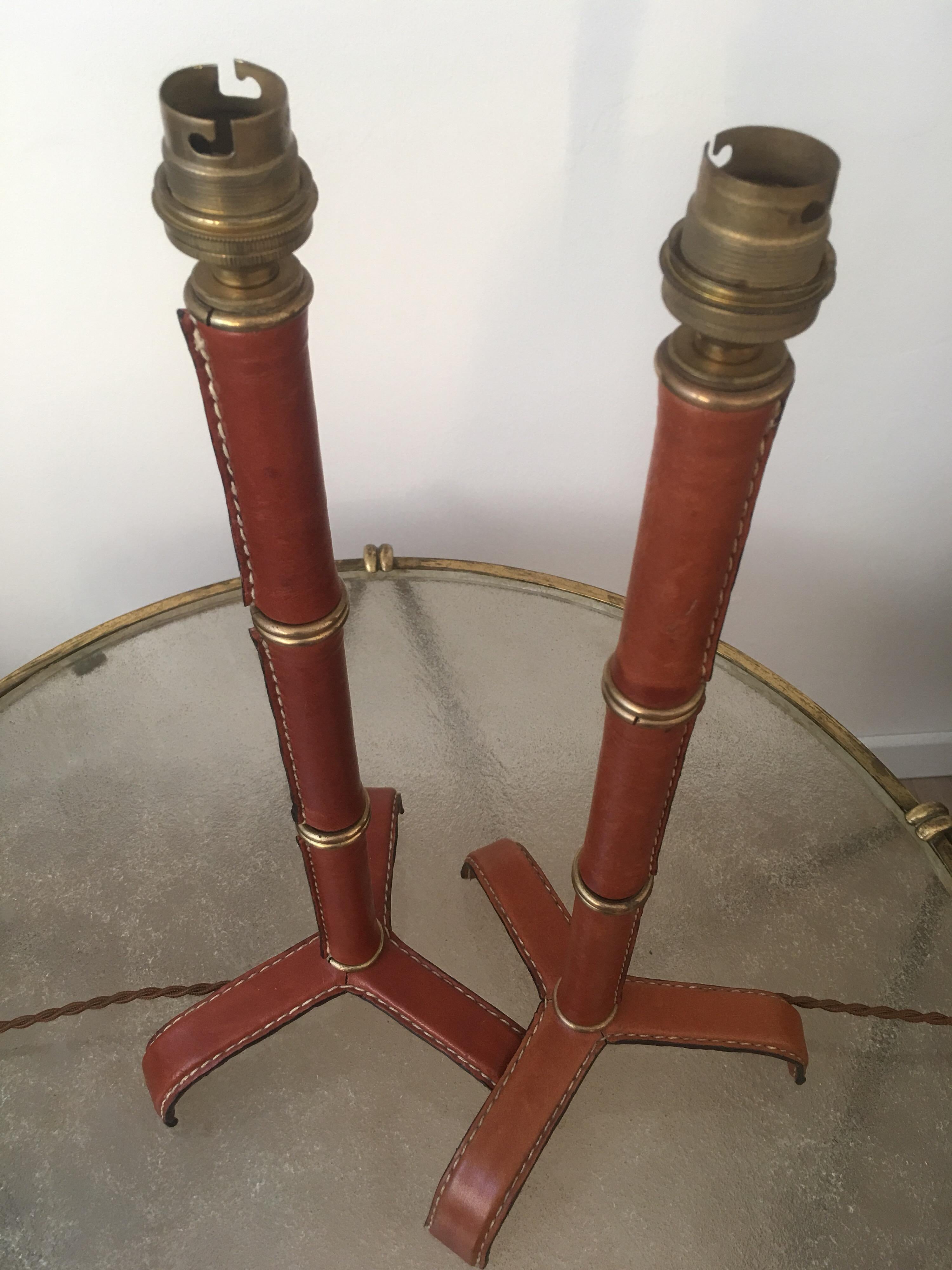 Jacques Adnet Pair of Brown Leather Table Lamps, Bamboo Form, French, 1950s For Sale 2