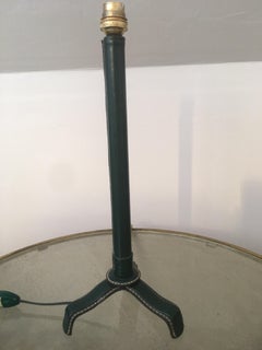 Jacques Adnet Handstitched Green Leather Table Lamp, Tripod Base, France, 1950s