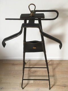 Jacques Adnet Black Stitched Leather and Brass Valet, Bamboo Form, France, 1950s